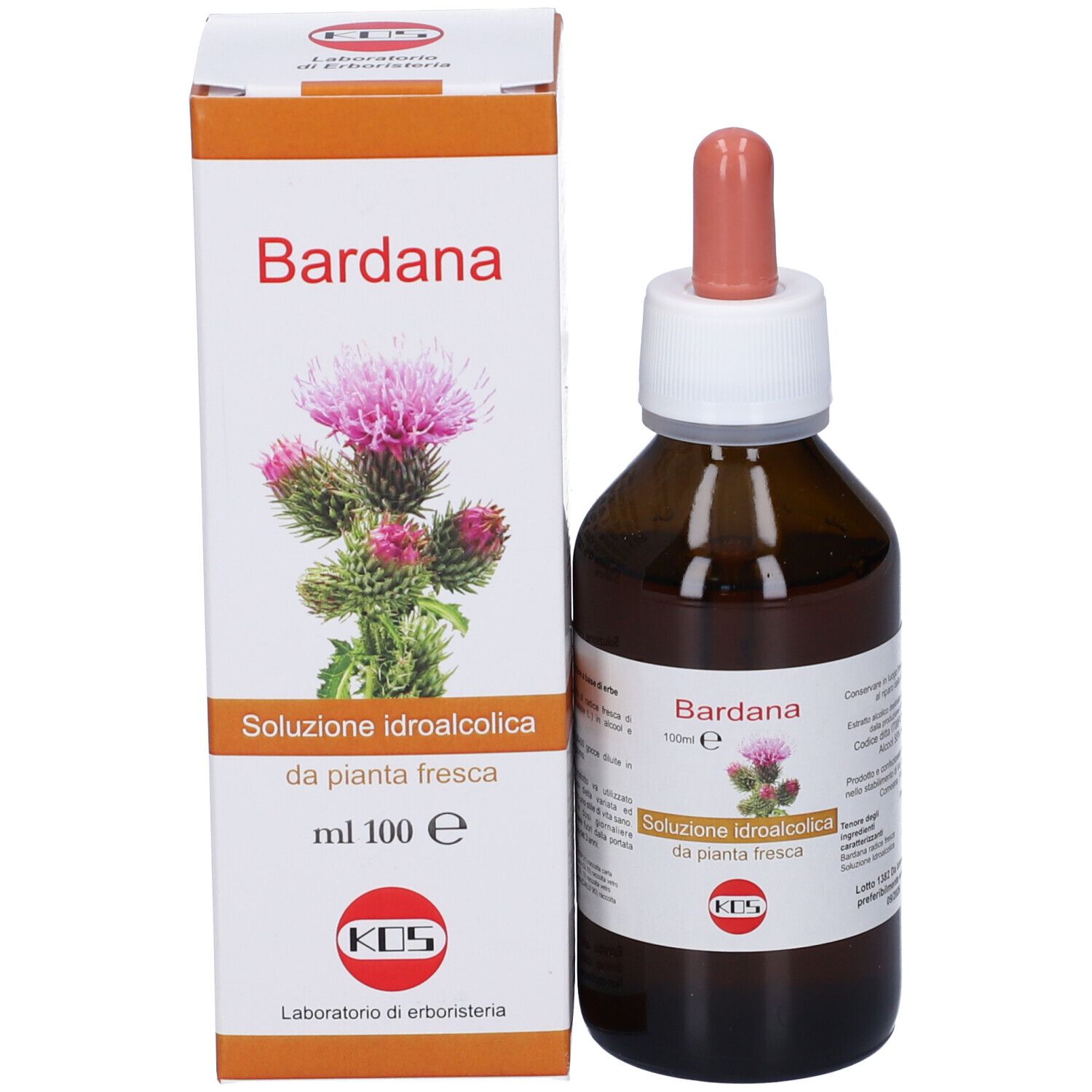 Flacone in vetro marrone con pipetta e scatola. Scritta Bardana, Soluzione idroalcolica da pianta fresca. 100ml.