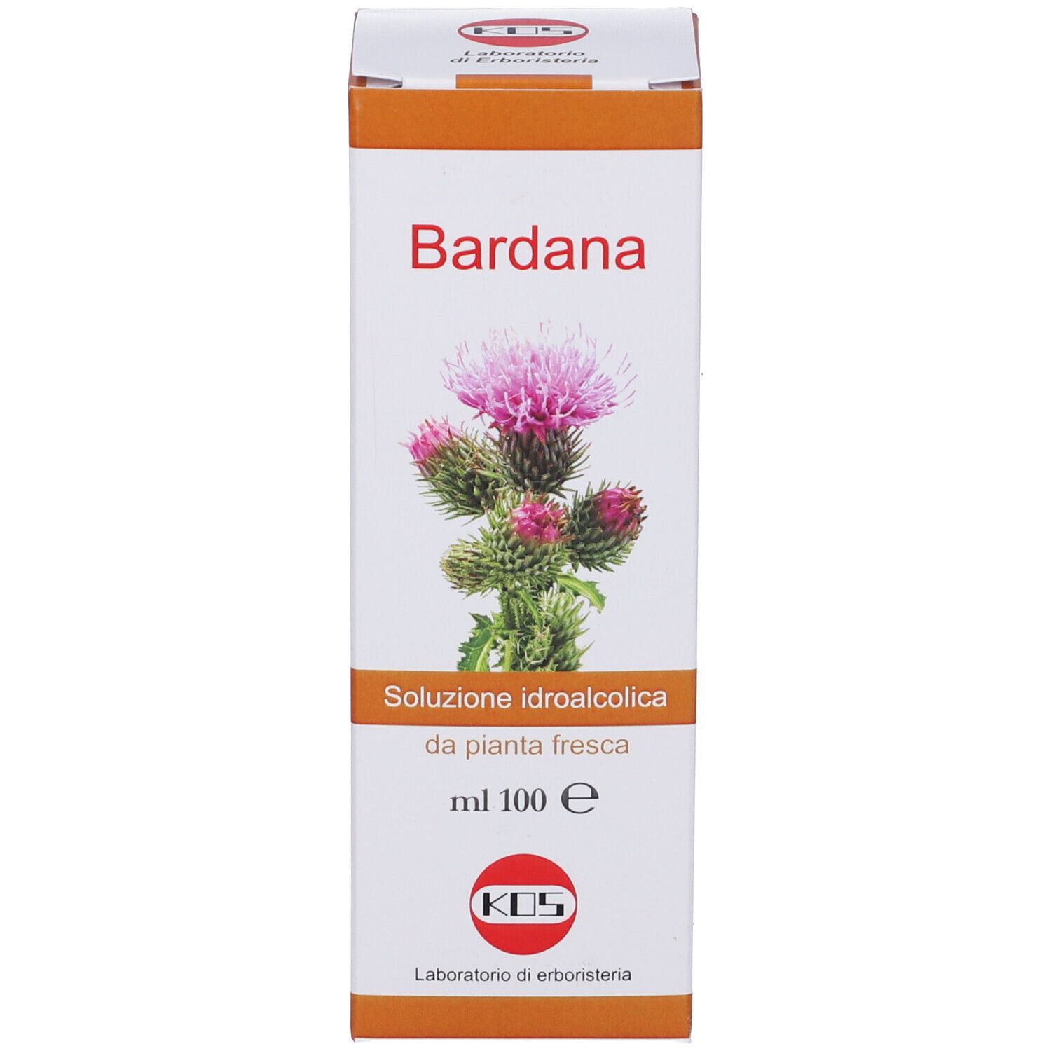 Scatola con immagine del prodotto e scritta Bardana. Scritta: Soluzione Idroalcolica Orale. 100ml.