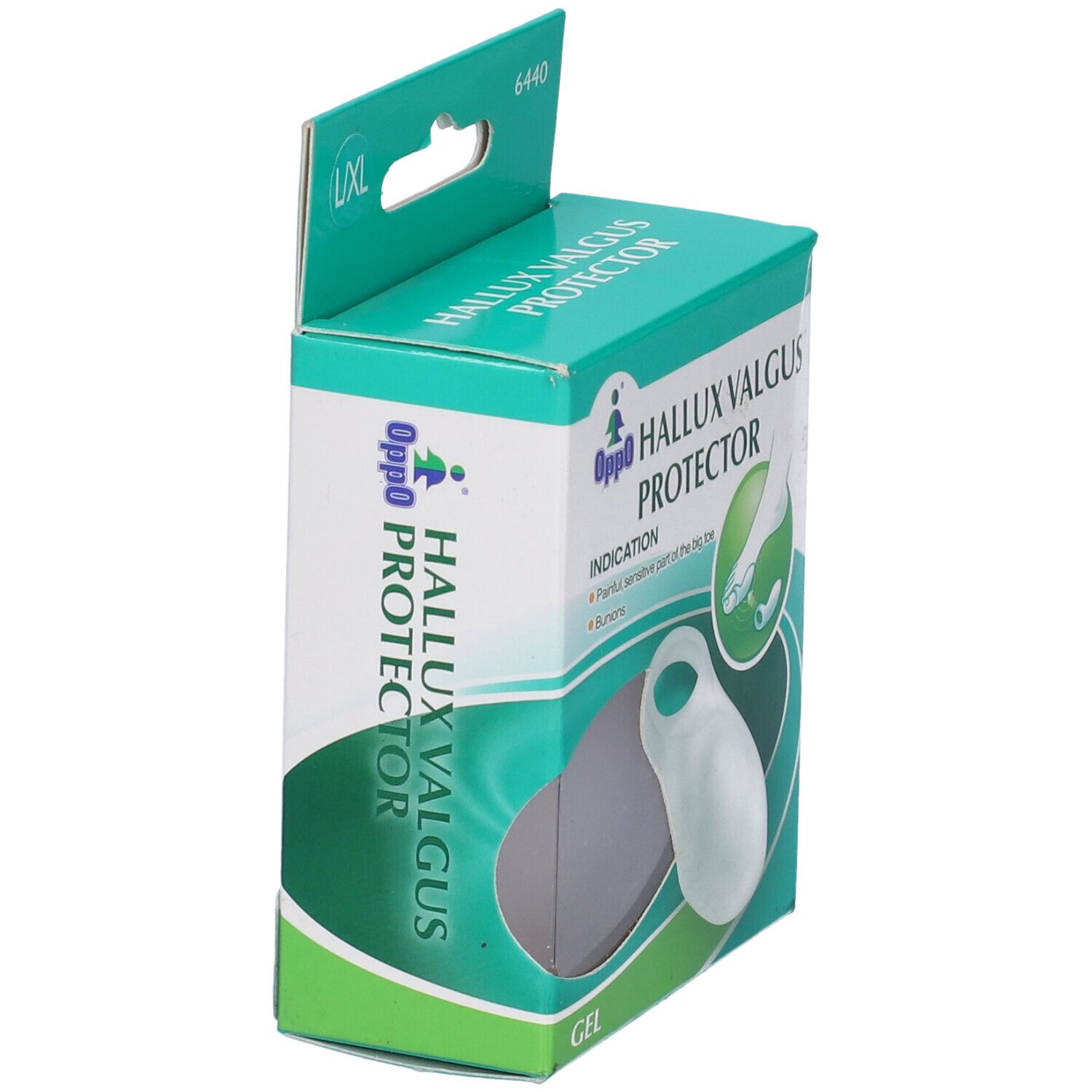 Oppo Hallux Valgus Protector. Confezione verde e bianca. Prodotto parzialmente visibile. Taglia L/XL. Testo e logo sulla confezione.