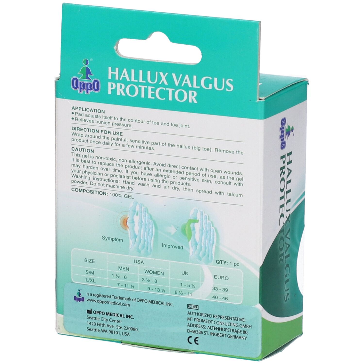 Retro della confezione Oppo Hallux Valgus Protector. Informazioni testuali, taglie, logo. Confezione verde e bianca.