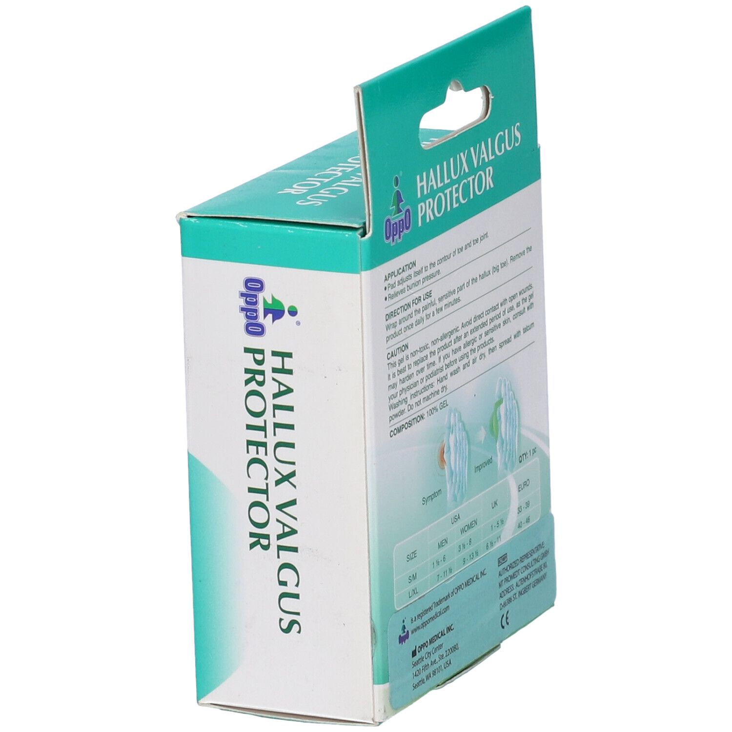 Confezione Oppo Hallux Valgus Protector. Vista laterale. Testo, logo e taglia L/XL. Confezione verde e bianca.