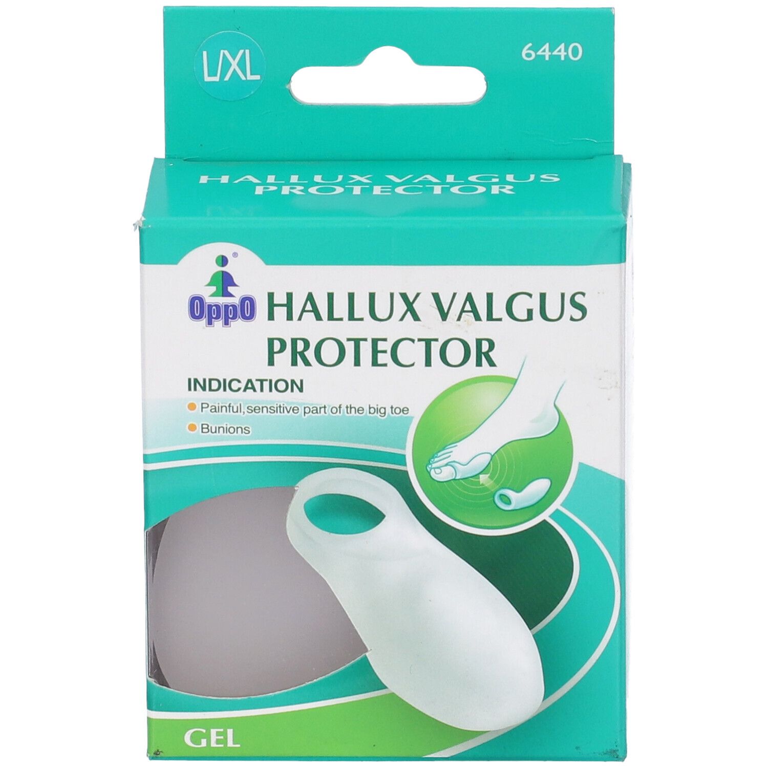 Oppo Hallux Valgus Protector. Taglia L/XL. Inserto in gel bianco nella scatola. Finestra mostra il prodotto. Confezione verde e bianca.
