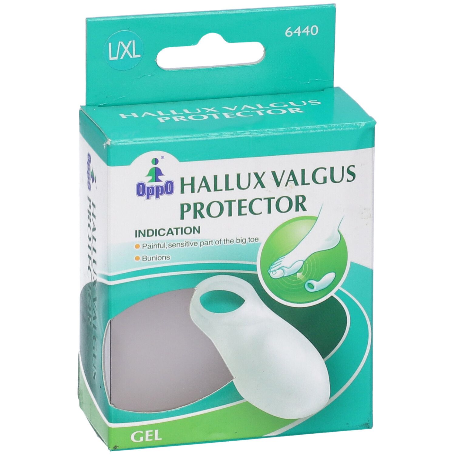 Oppo Hallux Valgus Protector. Taglia L/XL. Inserto in gel bianco nella scatola. Finestra mostra il prodotto. Confezione verde e bianca.