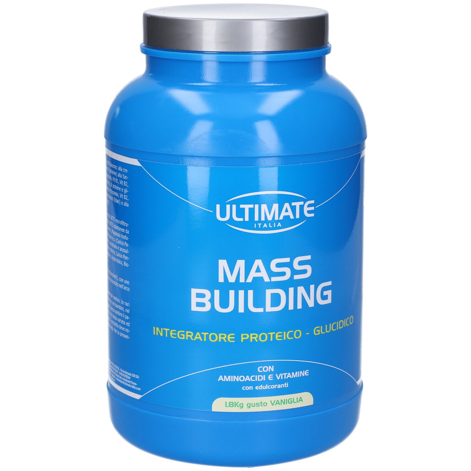 Barattolo blu con coperchio argentato. Scritta: Ultimate Italia, Mass Building, Integratore Proteico - Glucidico. Gusto: Vaniglia. 1,8 kg.