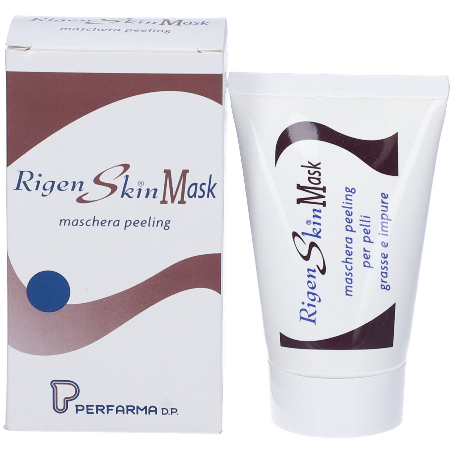 Scatola e tubo. Scritta: Rigenskin Mask. Maschera peeling. Perfarama D.P.