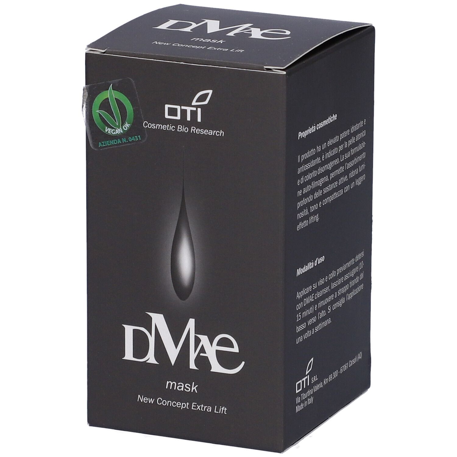 Scatola nera con nome prodotto e logo. Sigillo vegano.