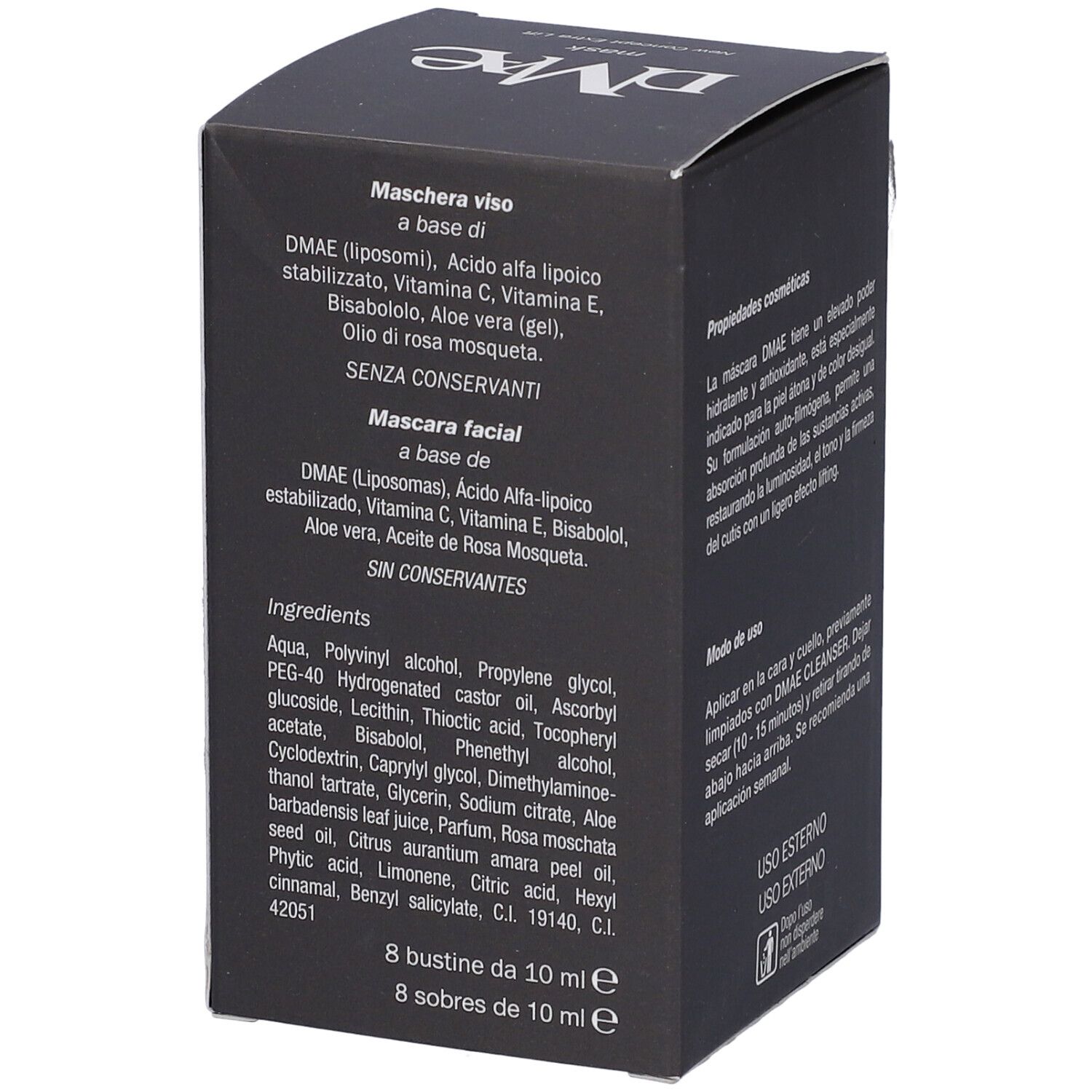 Scatola nera con ingredienti e testo. 8 bustine da 10 ml.