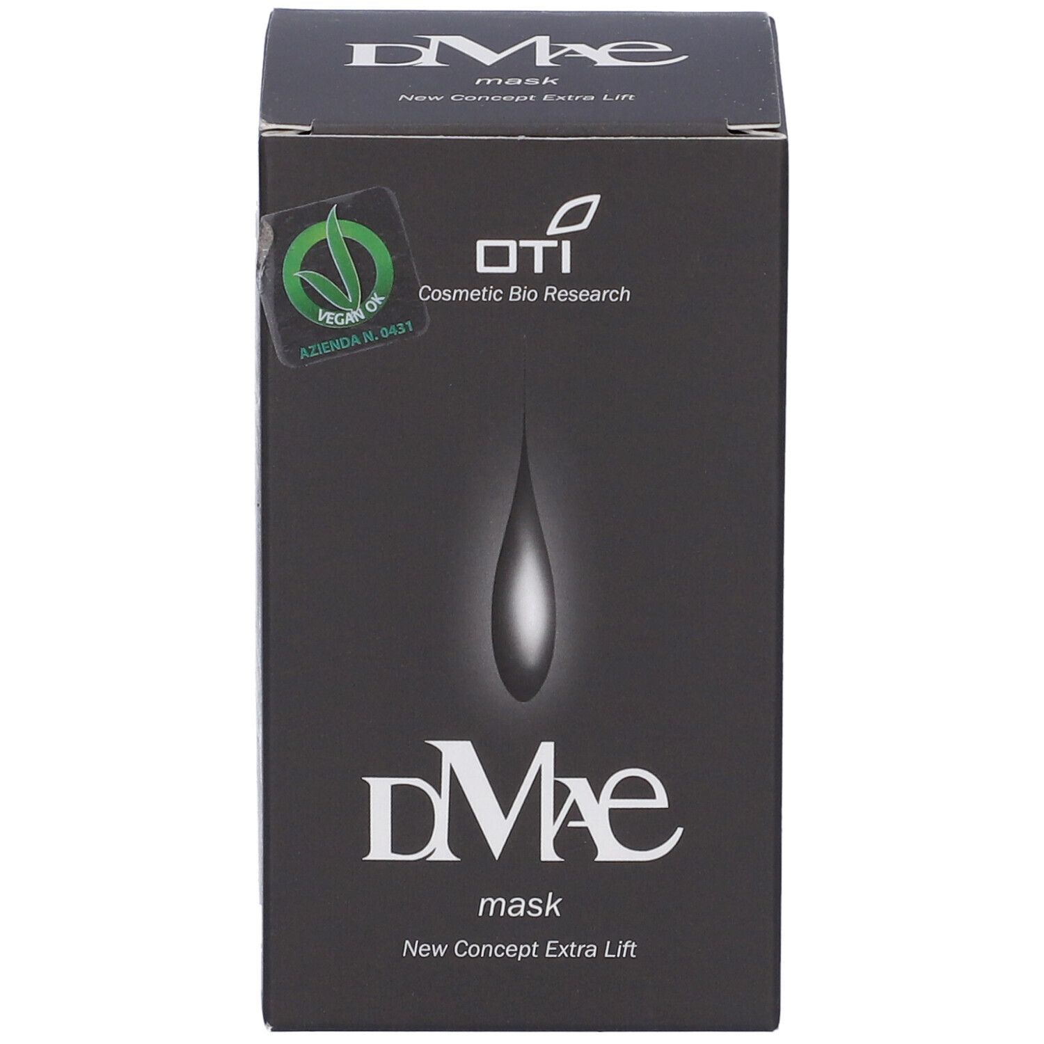 Scatola nera con nome prodotto e logo. Sigillo vegano.