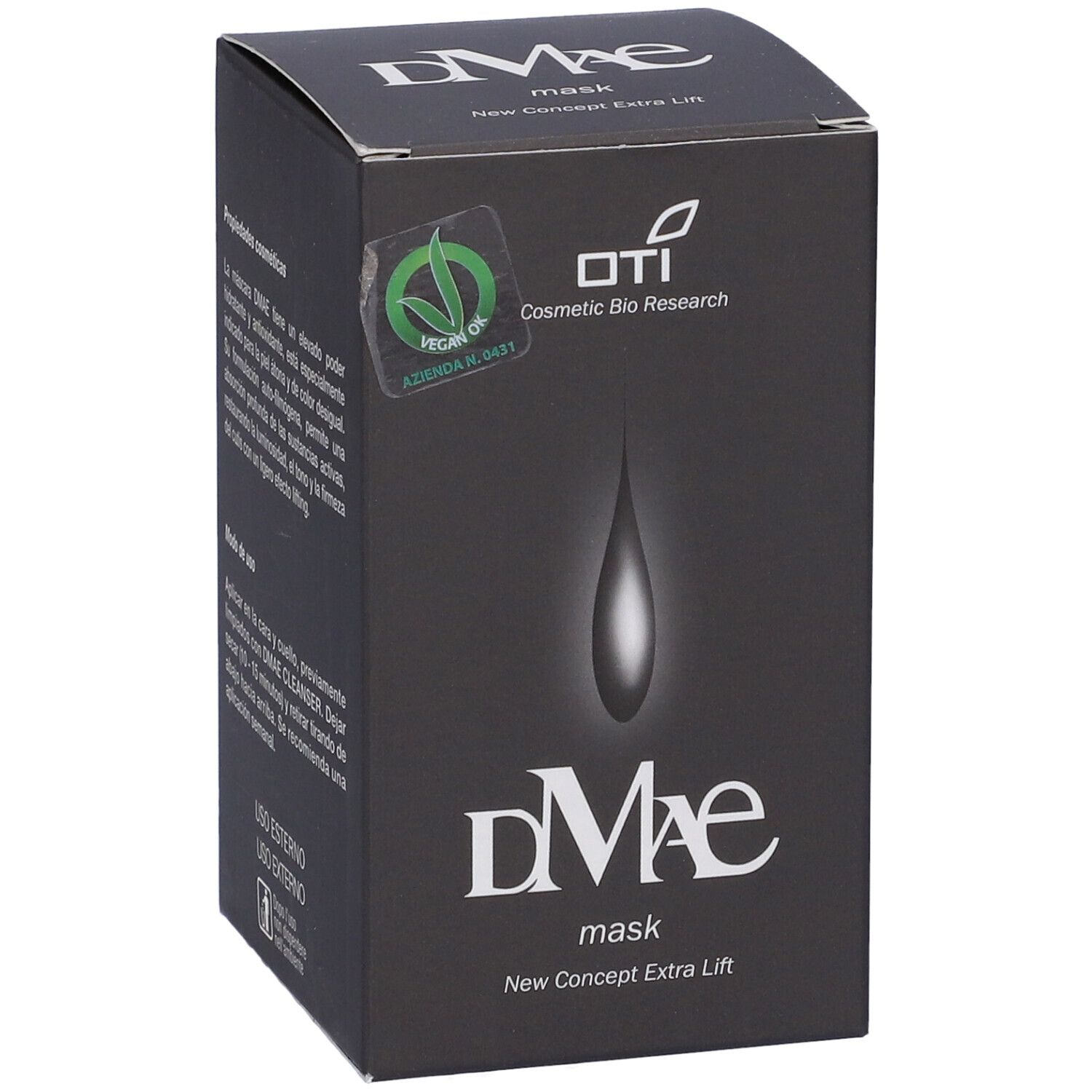 Scatola nera con nome prodotto e logo. Sigillo vegano.