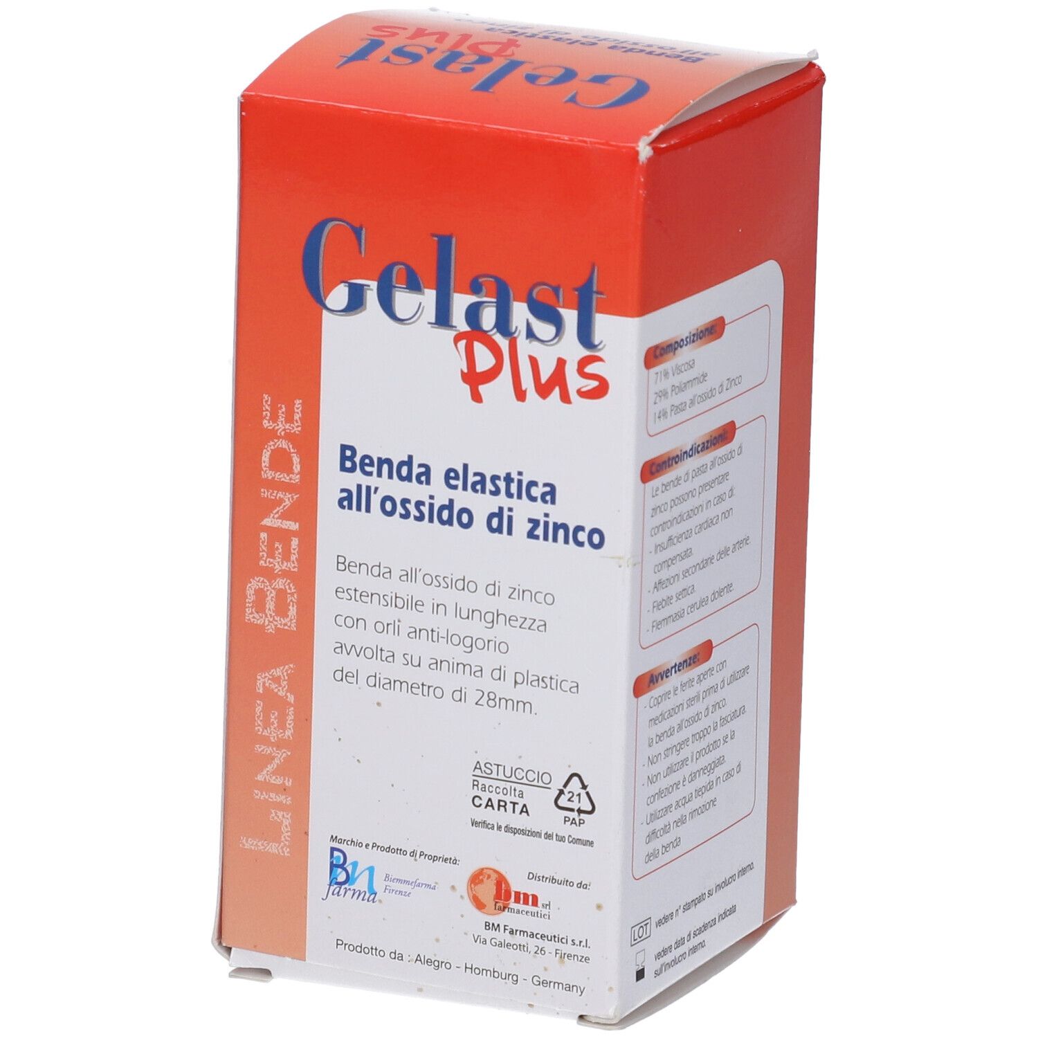 Scatola di Gelast Plus. Scritto: Benda elastica all'ossido di zinco. Simbolo di riciclaggio e informazioni sul prodotto.