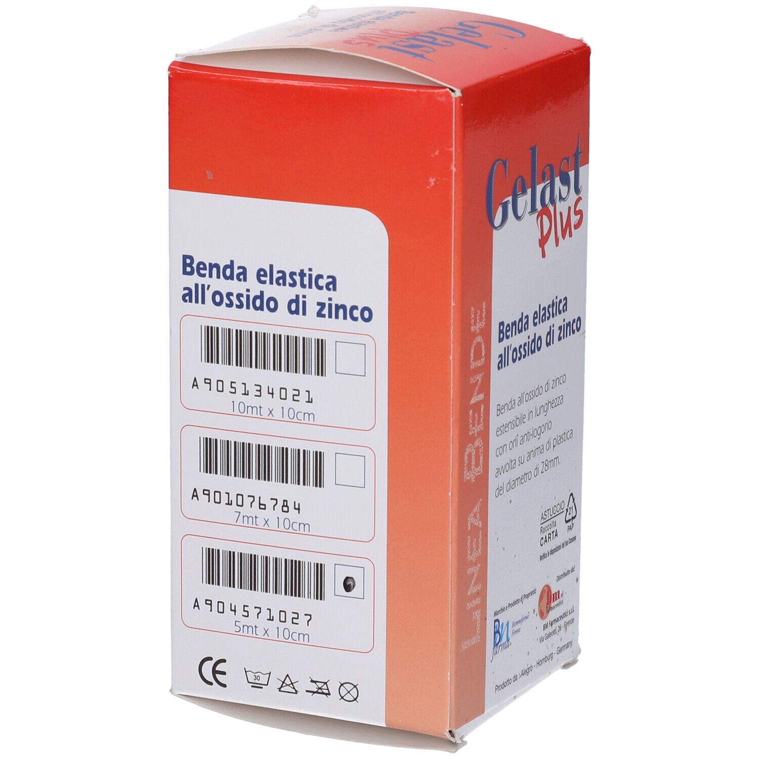 Scatola di Gelast Plus. Scritto: Benda elastica all'ossido di zinco. Codici a barre e informazioni sul prodotto.