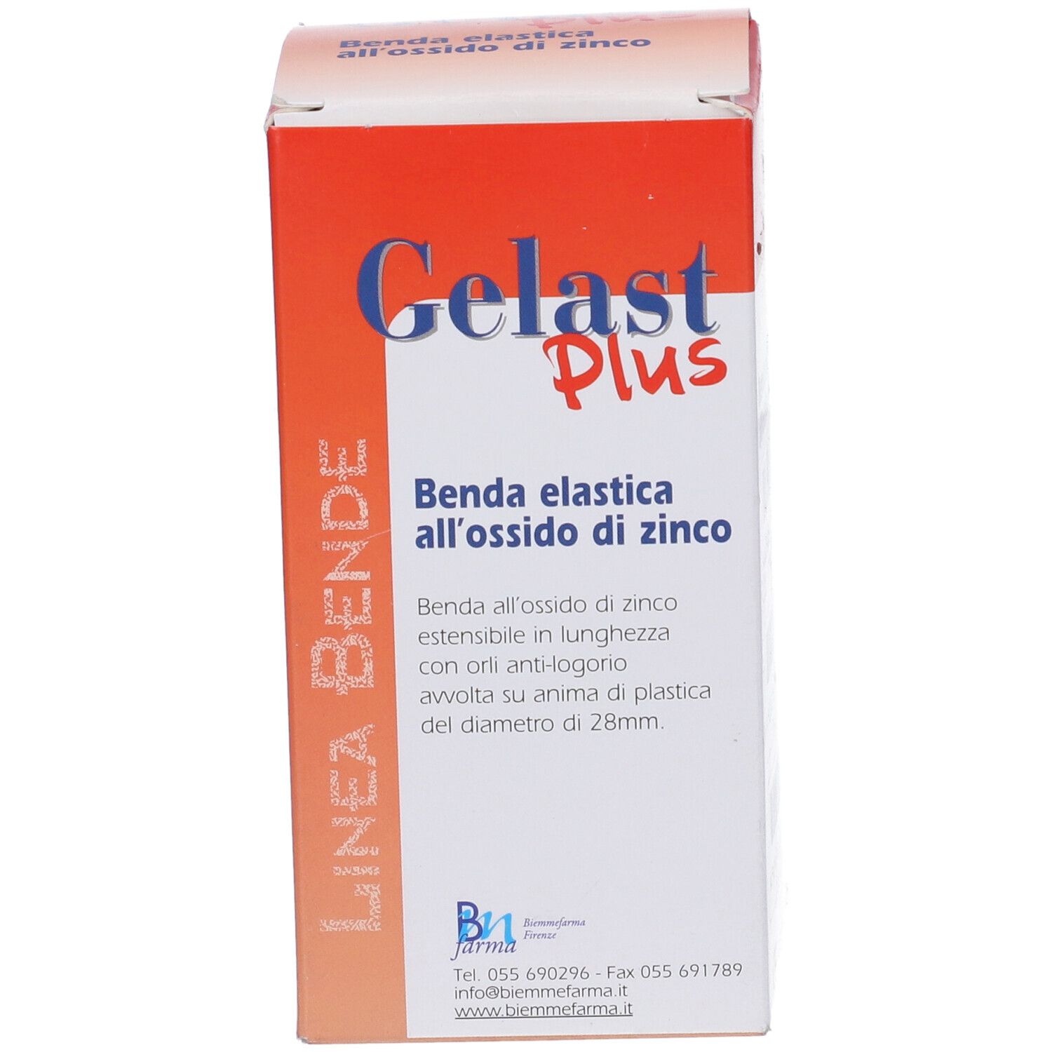 Scatola Gelast Plus. Scritto: Benda elastica all'ossido di zinco. Logo e informazioni sul prodotto.