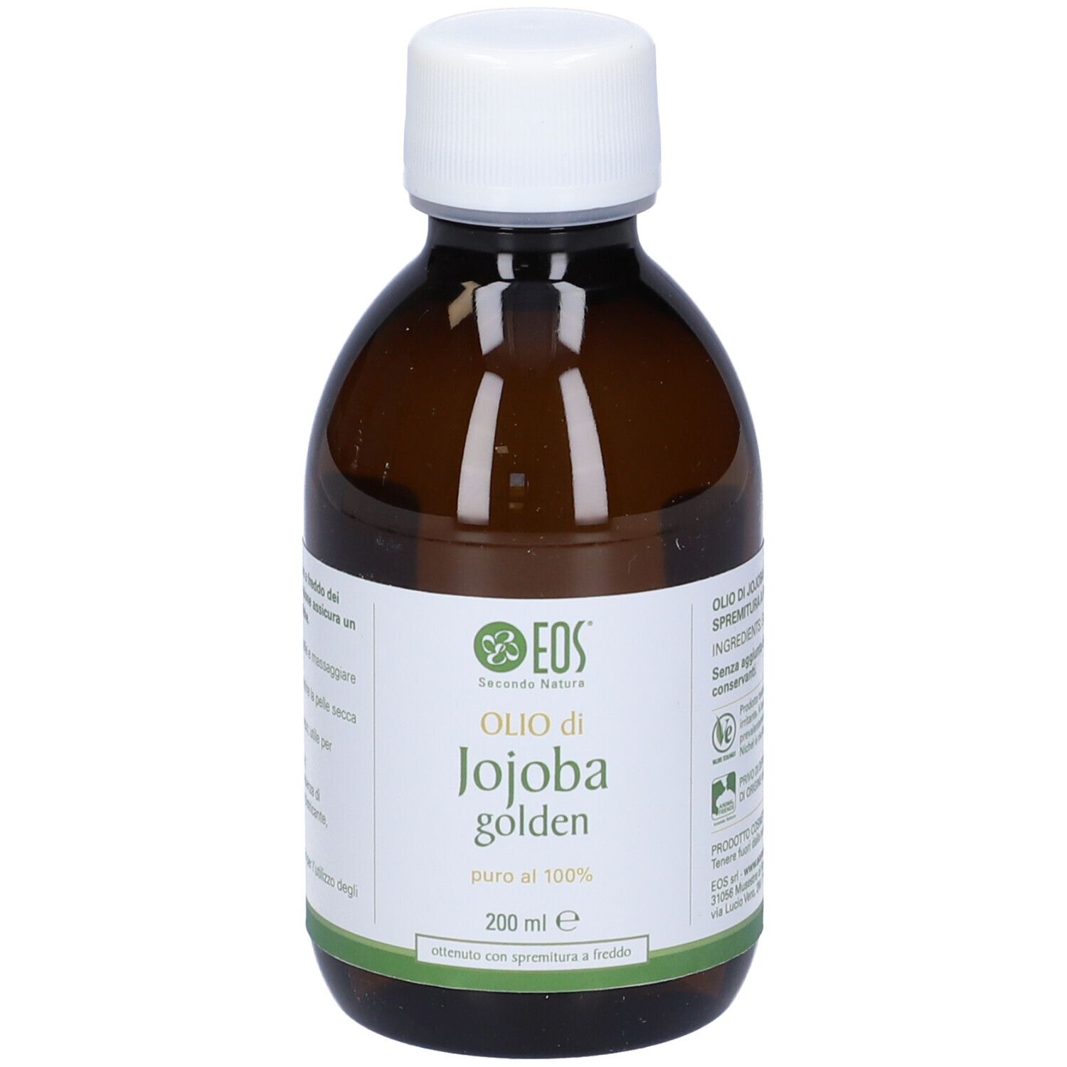 Flacone di vetro marrone con tappo bianco. Olio Eos Jojoba Golden, 200 ml. Etichetta con logo e nome del prodotto.