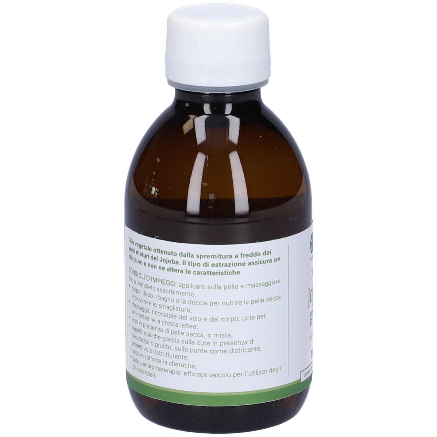Flacone di vetro marrone con tappo bianco. Etichetta con testo. Olio Eos Jojoba Golden. Informazioni sull'uso.