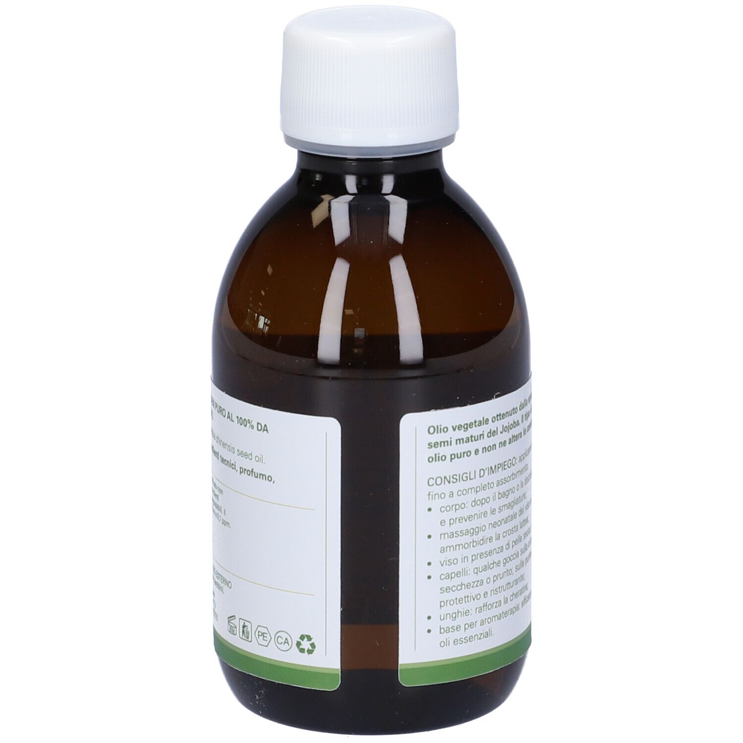 Flacone di vetro marrone con tappo bianco. Etichetta con testo. Olio Eos Jojoba Golden. Consigli d'uso.