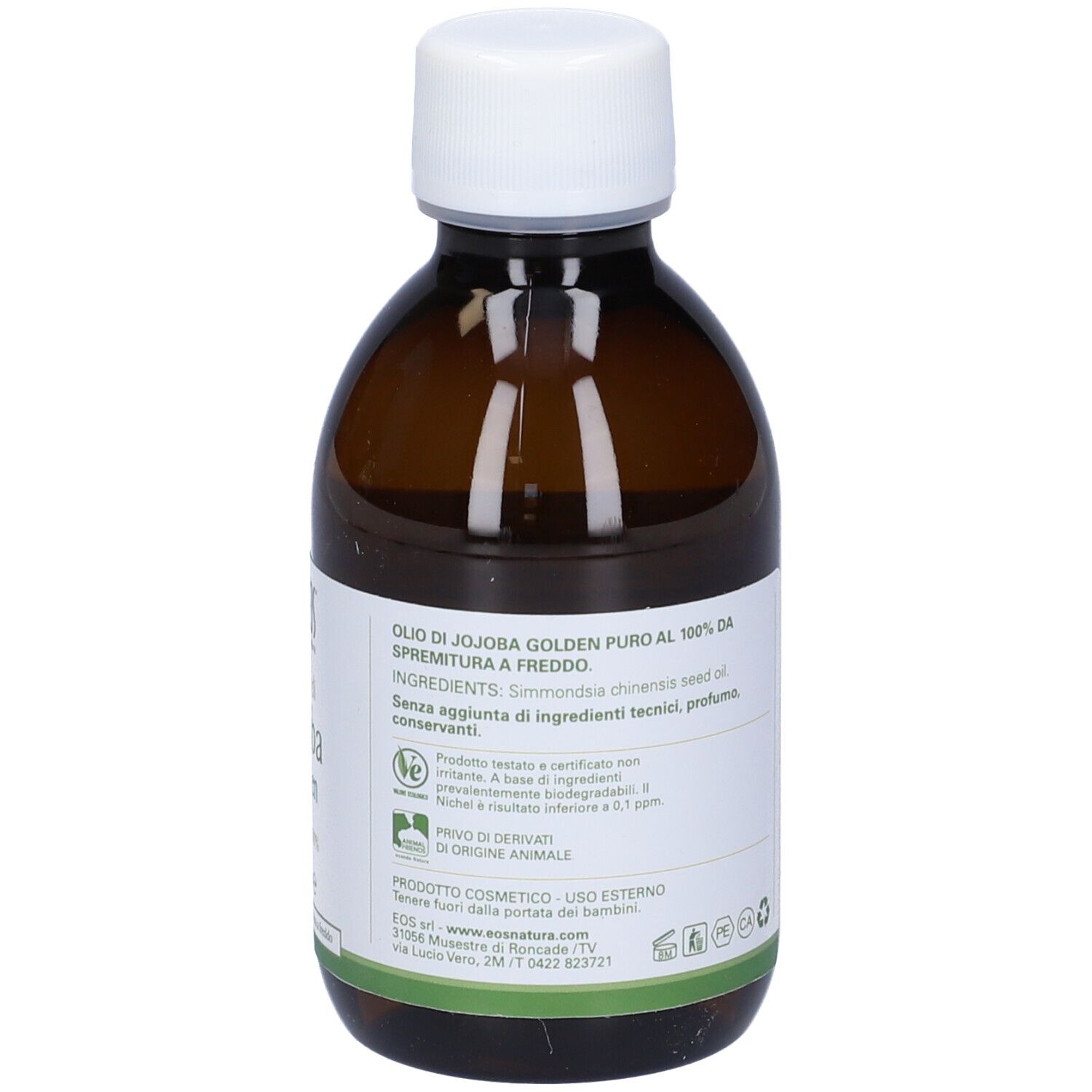Flacone di vetro marrone con tappo bianco. Etichetta con testo. Olio Eos Jojoba Golden. Ingredienti e certificazioni.