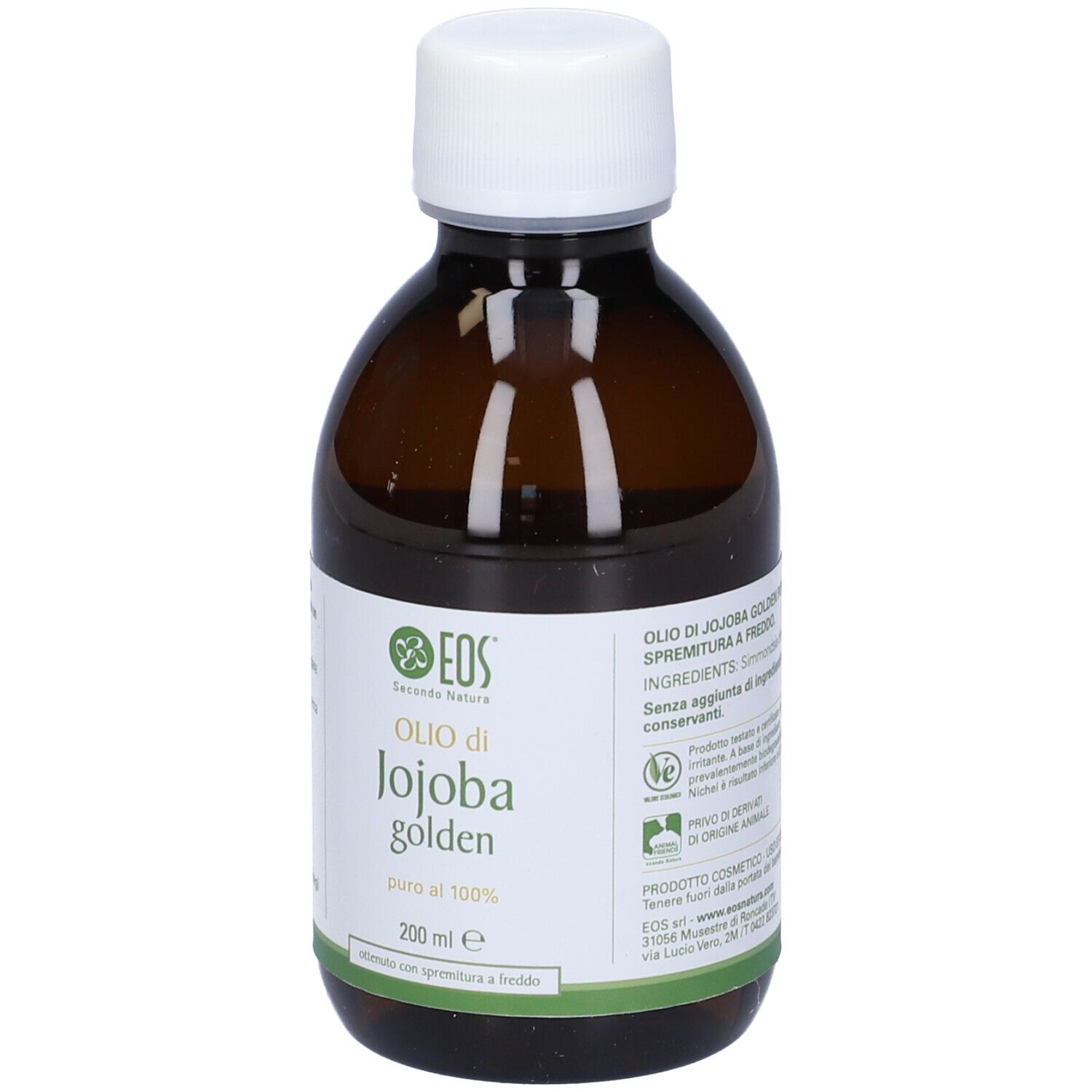 Flacone di vetro marrone con tappo bianco. Olio Eos Jojoba Golden, 200 ml. Etichetta con logo e nome del prodotto.