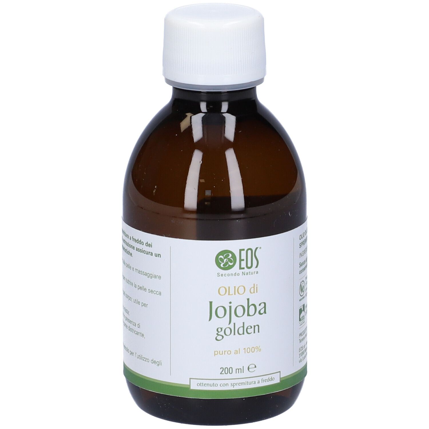 Flacone di vetro marrone con tappo bianco. Olio Eos Jojoba Golden, 200 ml. Etichetta con logo e nome del prodotto.