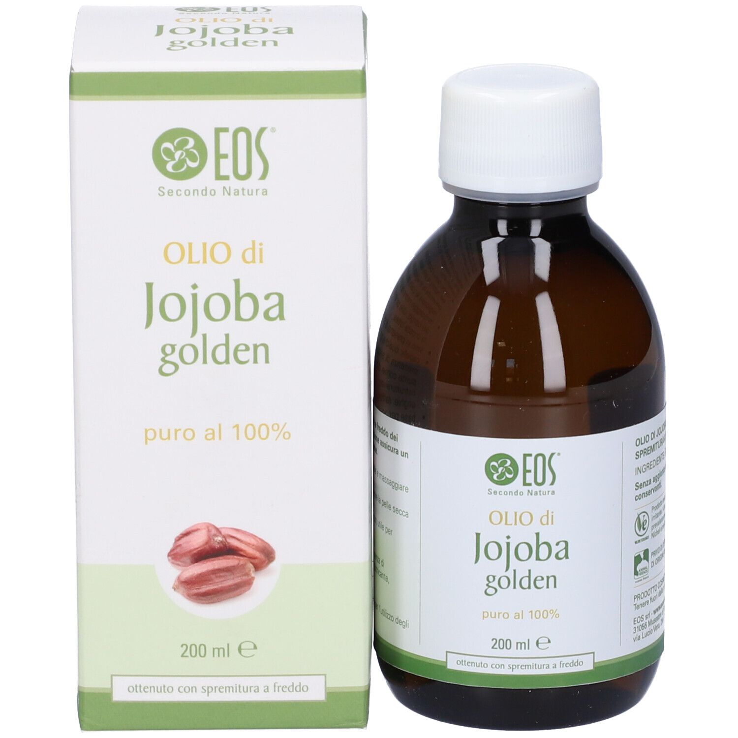 Flacone e confezione di olio Eos Jojoba Golden, 200 ml. Logo e nome del prodotto. Immagine di semi di jojoba.