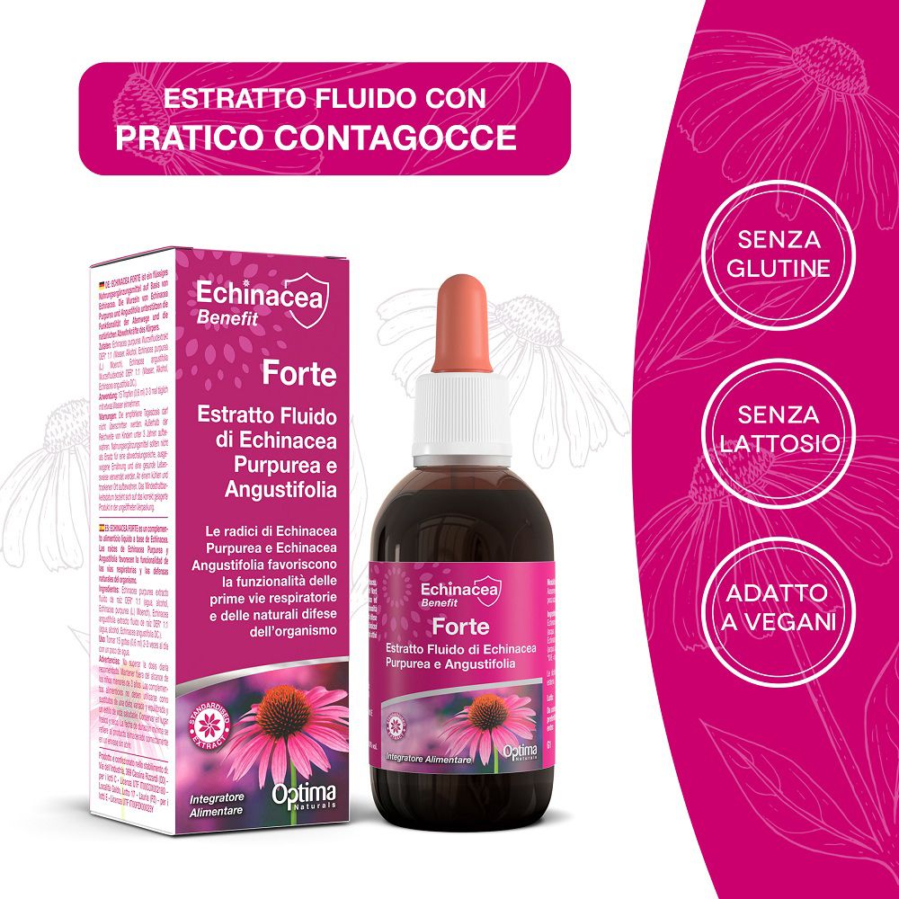 Flacone Optima Naturals Echinacea Estratto Forte con contagocce e confezione.