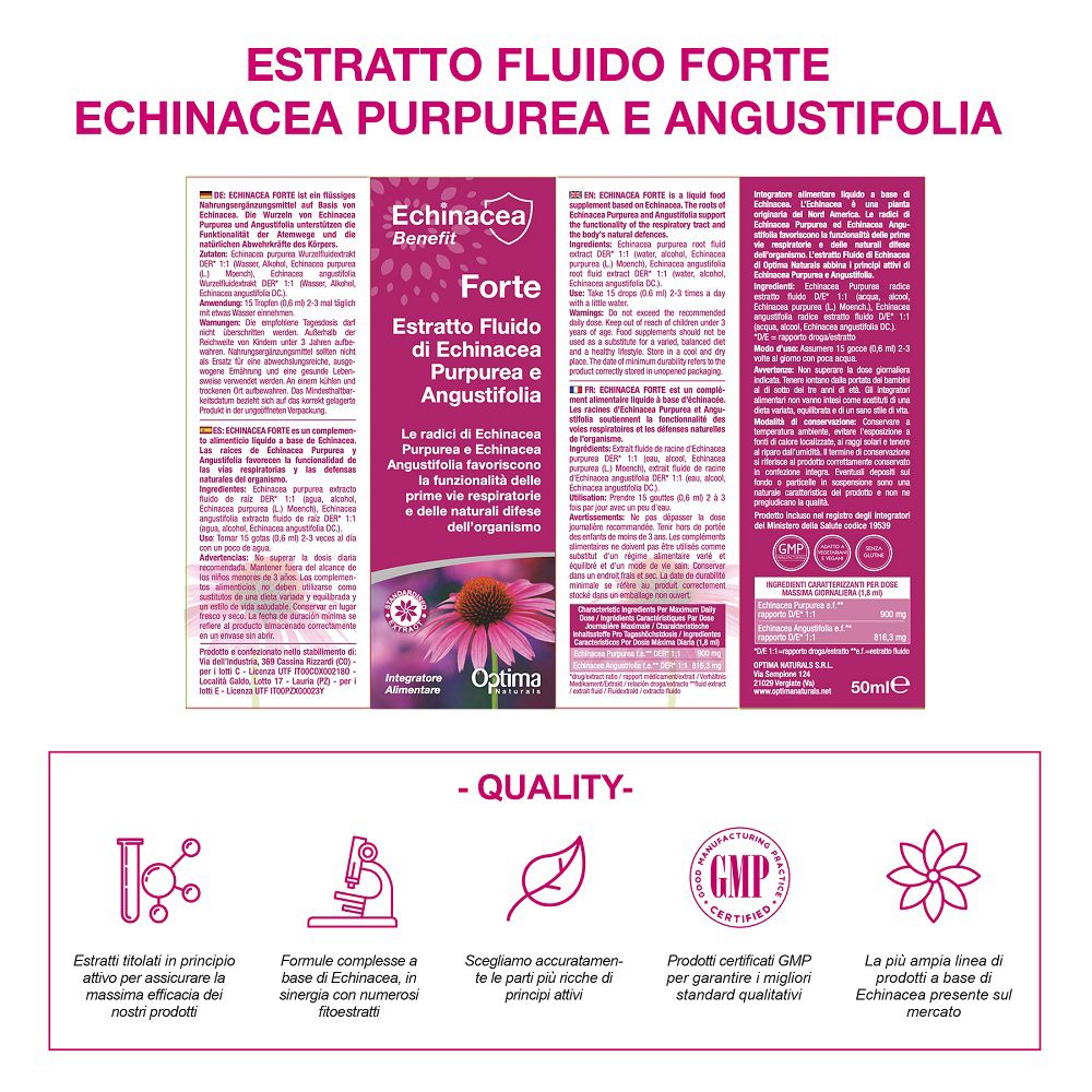 Retro della confezione Optima Naturals Echinacea Estratto Forte con dettagli.