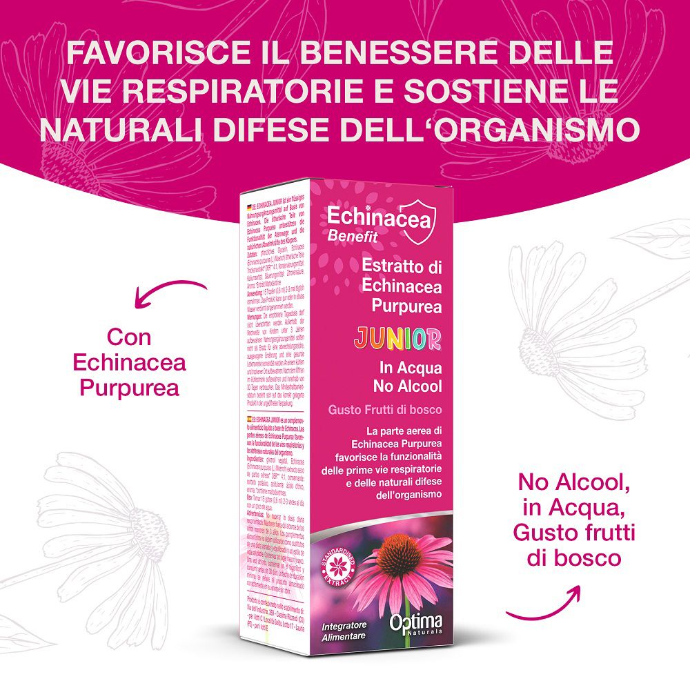 Informazioni sul prodotto Echinacea Junior su scatola pieghevole e flacone, sfondo viola.
