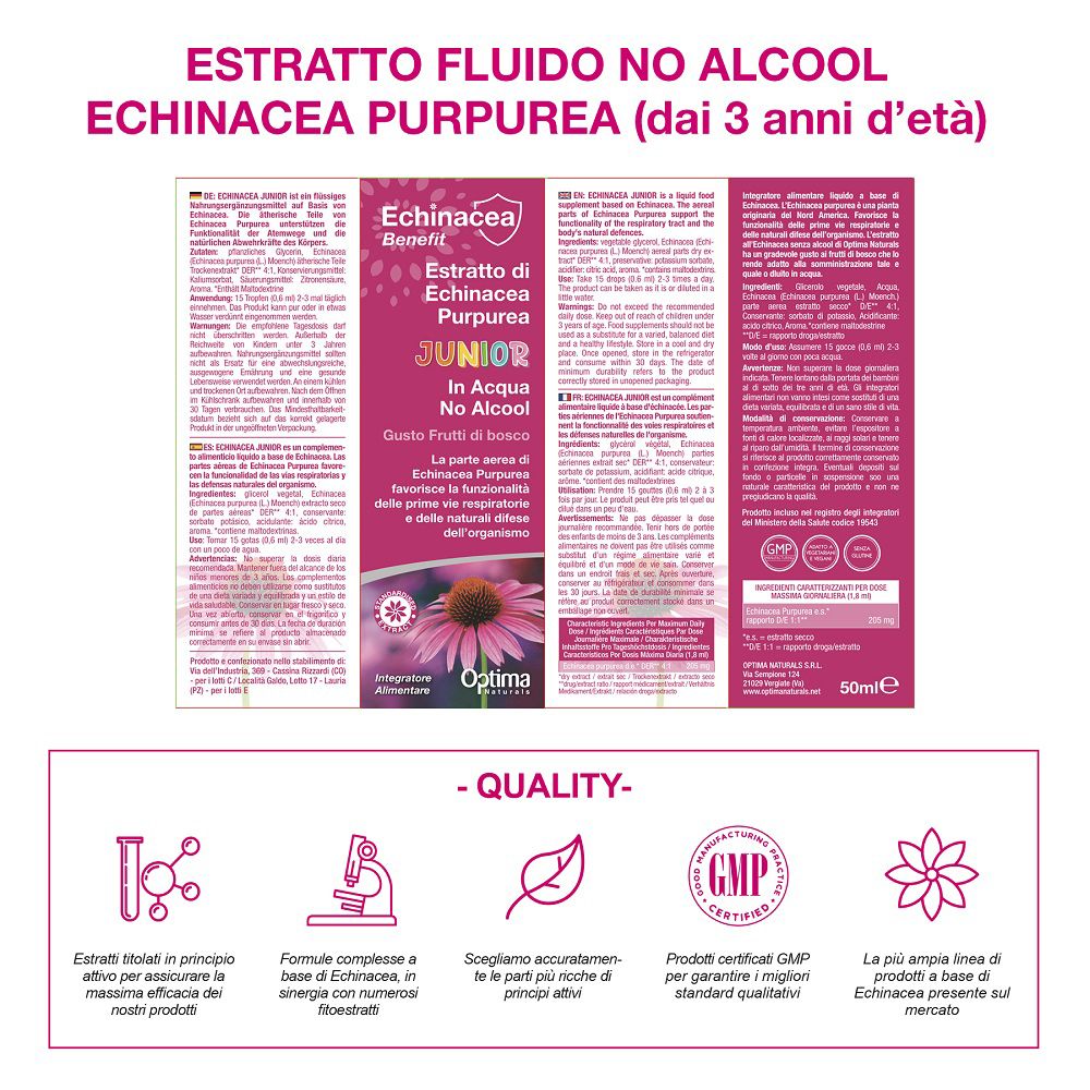 Retro della scatola pieghevole Echinacea Junior con informazioni dettagliate e indicazione 50ml.