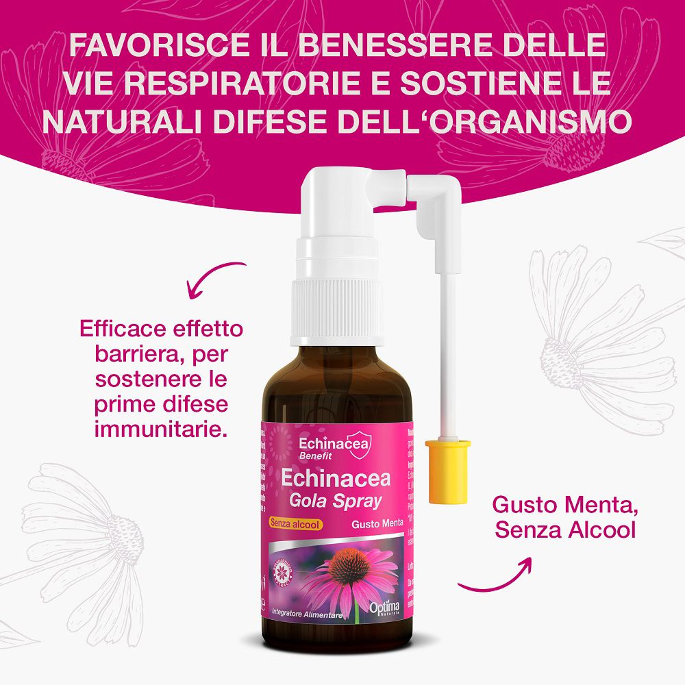 Flacone di Optima Naturals Echinacea Gola Spray con applicatore, circondato da illustrazioni e testo sui benefici.