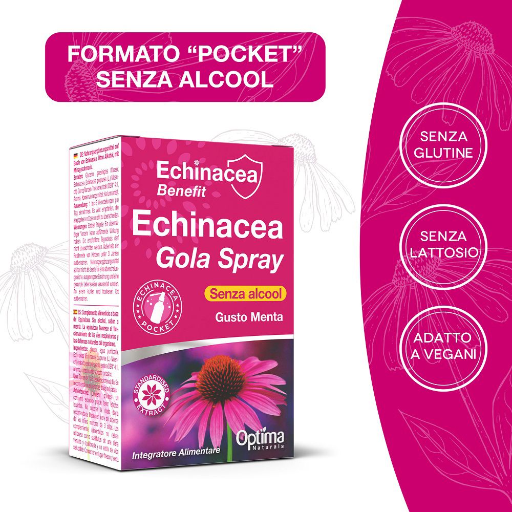 Confezione di Optima Naturals Echinacea Gola Spray formato tascabile, senza alcol, con indicazioni senza glutine e lattosio.