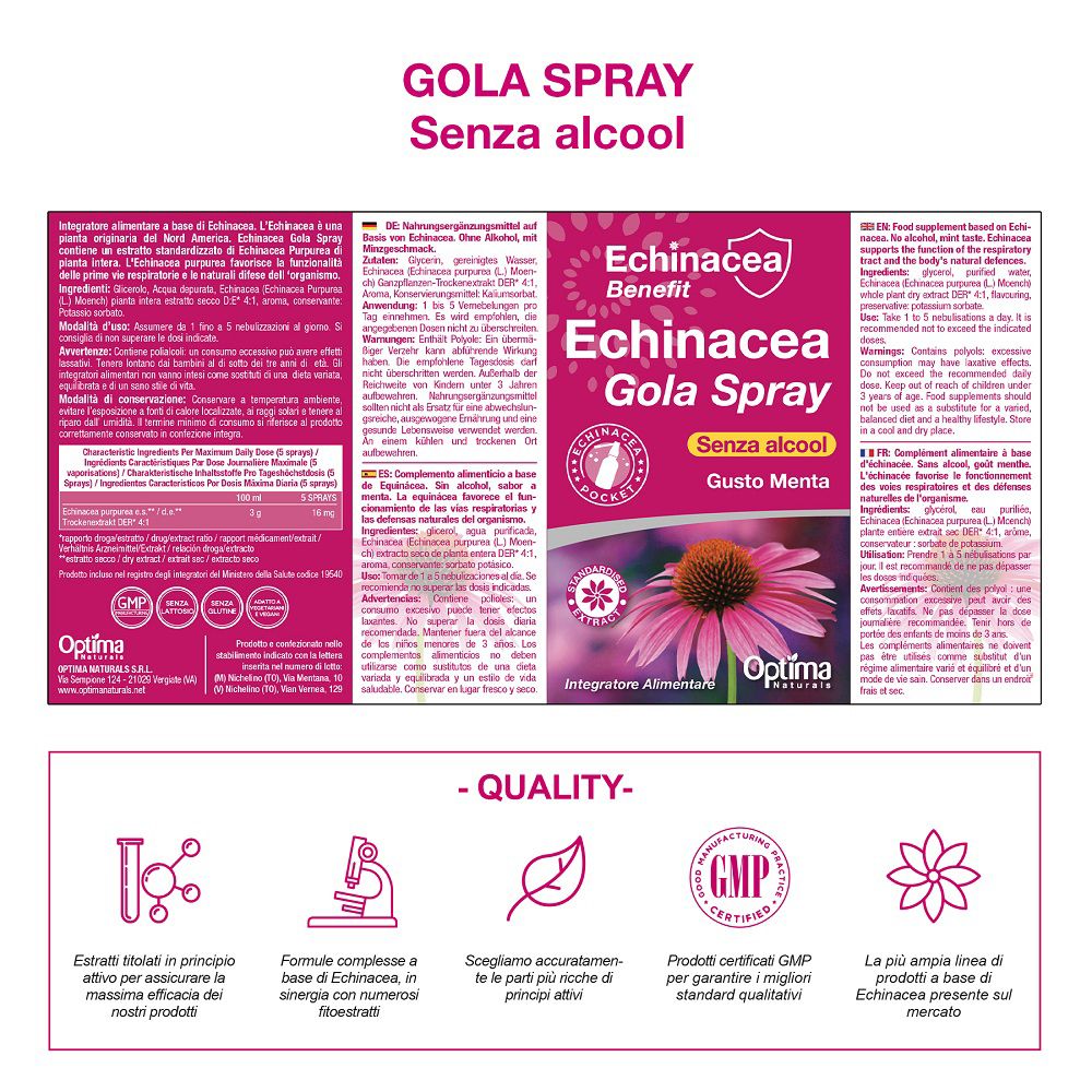 Retro della confezione di Optima Naturals Echinacea Gola Spray con informazioni dettagliate e certificazioni di qualità.