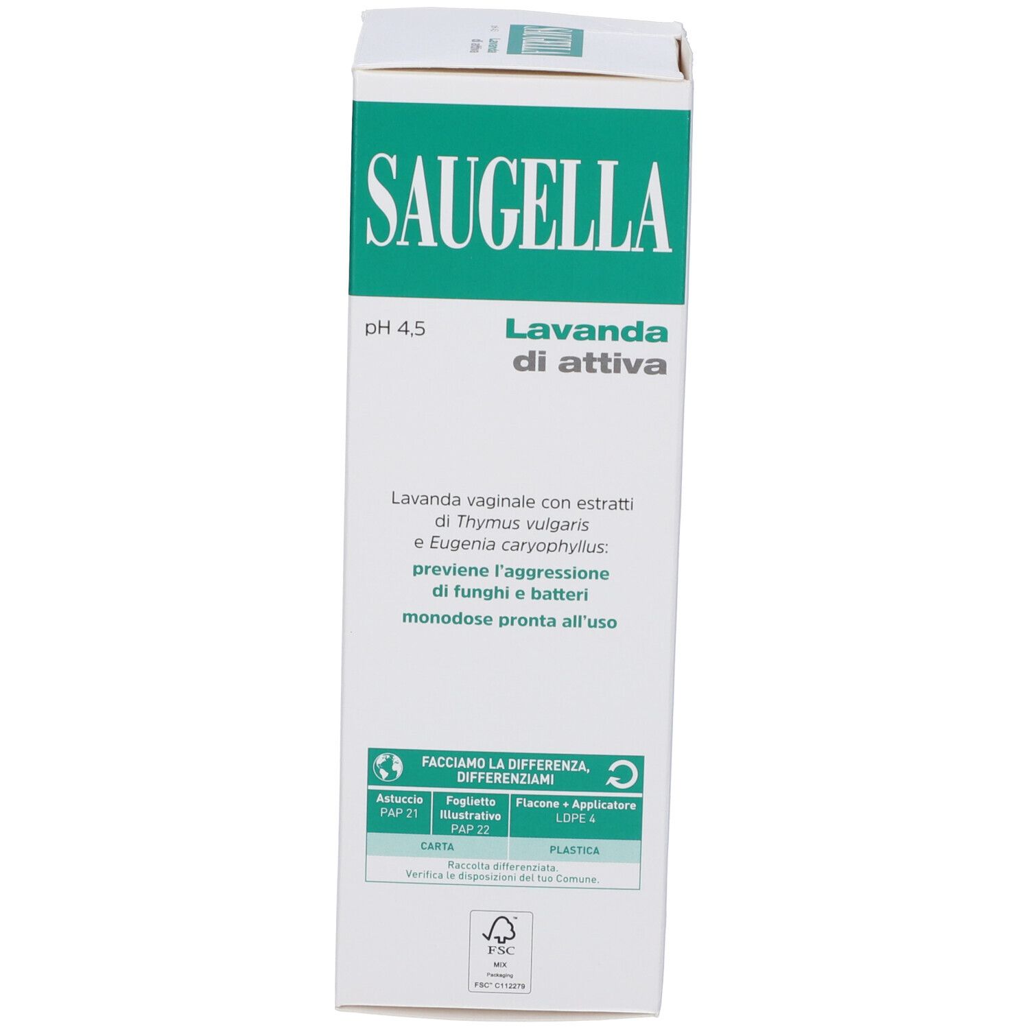 Confezione con scritta SAUGELLA Lavanda di attiva pH 4,5. Con simboli di riciclo.