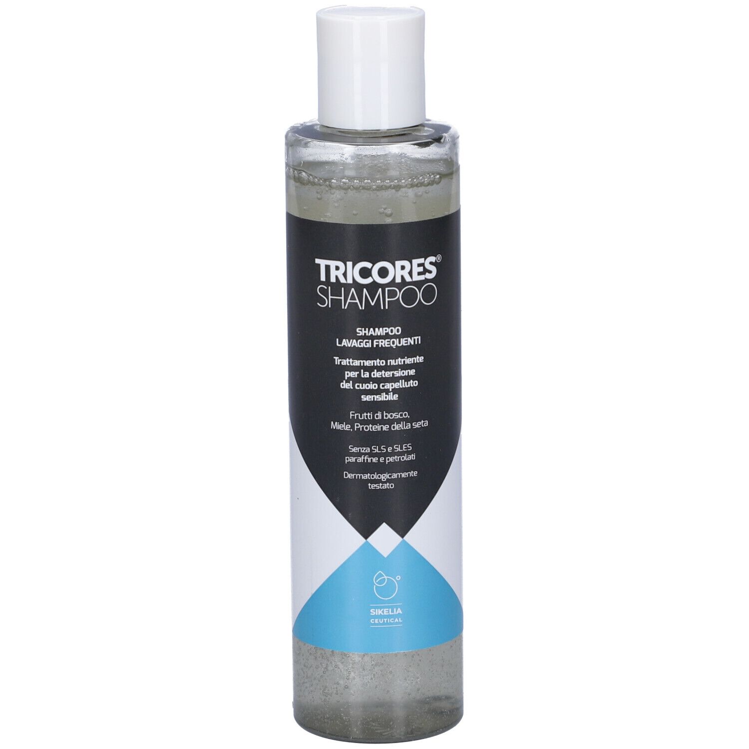Flacone di shampoo con etichetta nera, tappo bianco. Contiene informazioni sul prodotto e accenti blu.