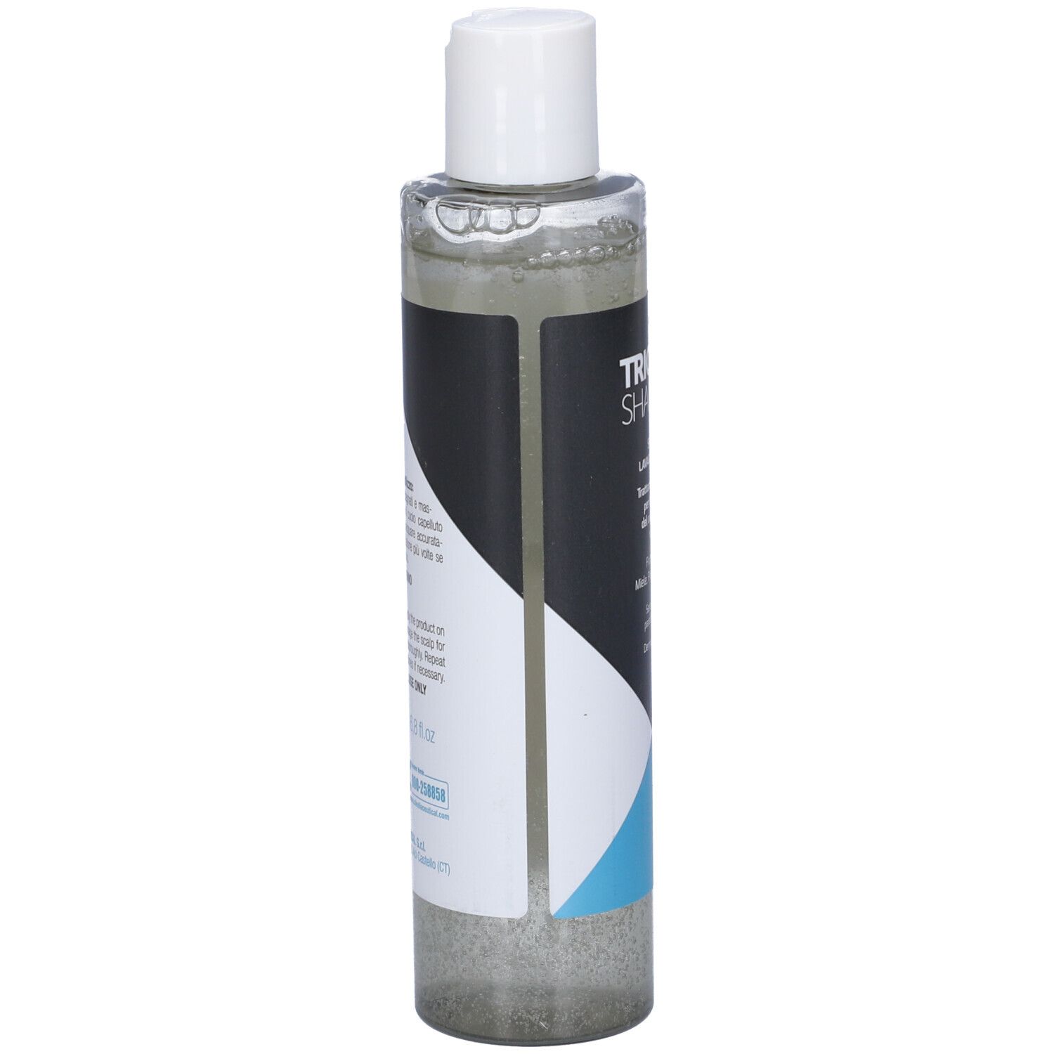 Flacone di shampoo, vista posteriore. Etichetta nera con accenti bianchi e blu. Contiene informazioni sul prodotto.