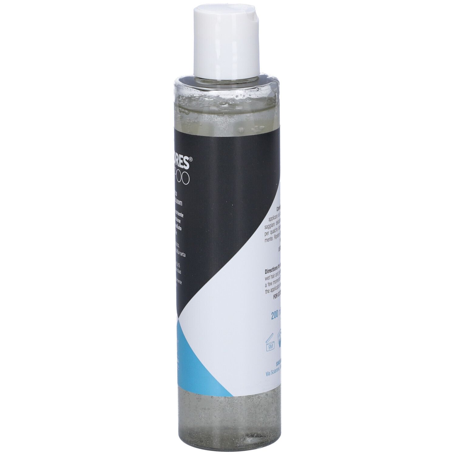 Flacone di shampoo con etichetta nera, tappo bianco. Contiene informazioni sul prodotto e accenti blu.