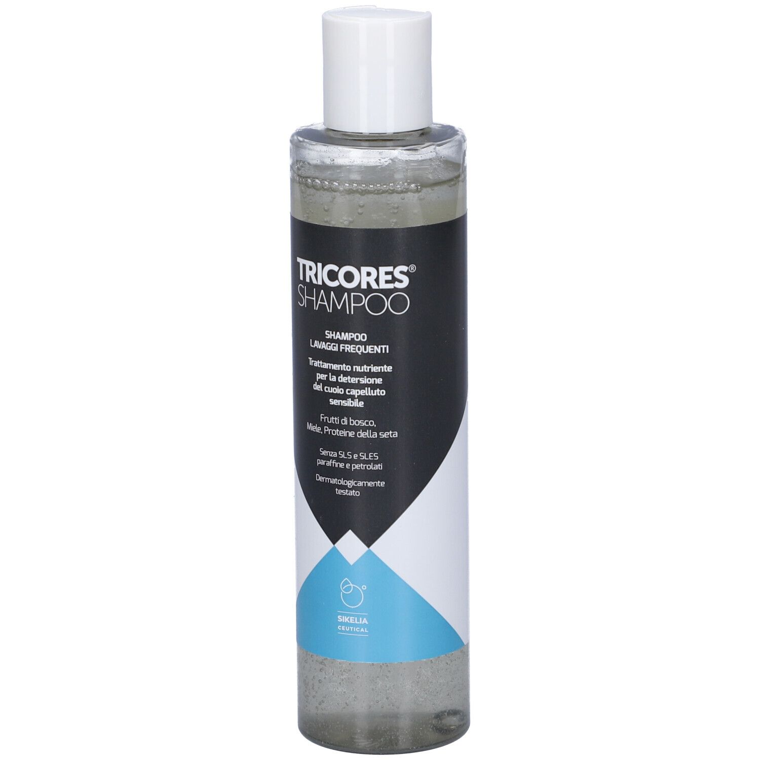 Flacone di shampoo con etichetta nera, tappo bianco. Contiene informazioni sul prodotto e accenti blu.
