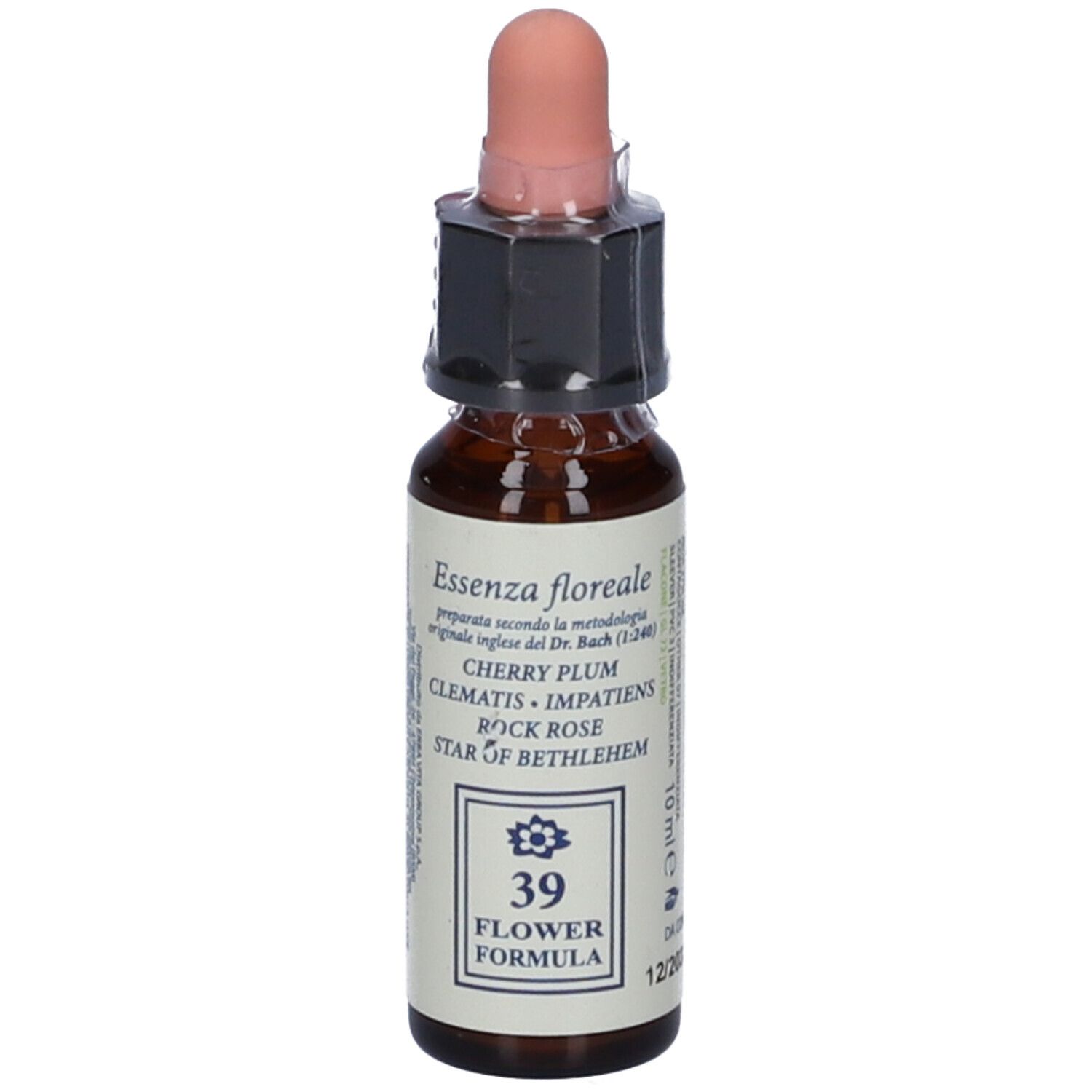 Flacone di vetro marrone con contagocce rosa. L'etichetta riporta "Essenza floreale", "39 Flower Formula" e 10 ml.