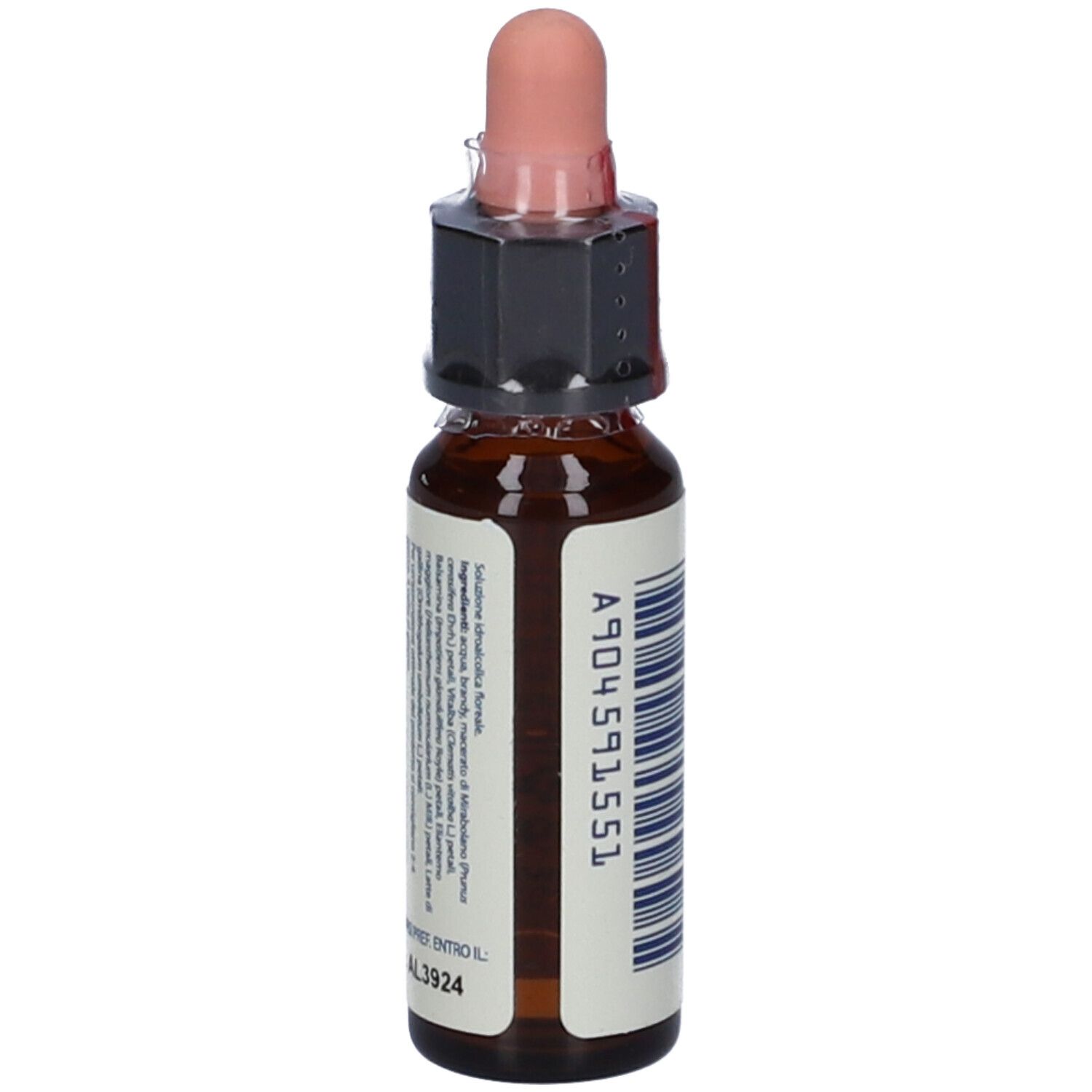 Flacone di vetro marrone con contagocce rosa. L'etichetta presenta un codice a barre e testo.