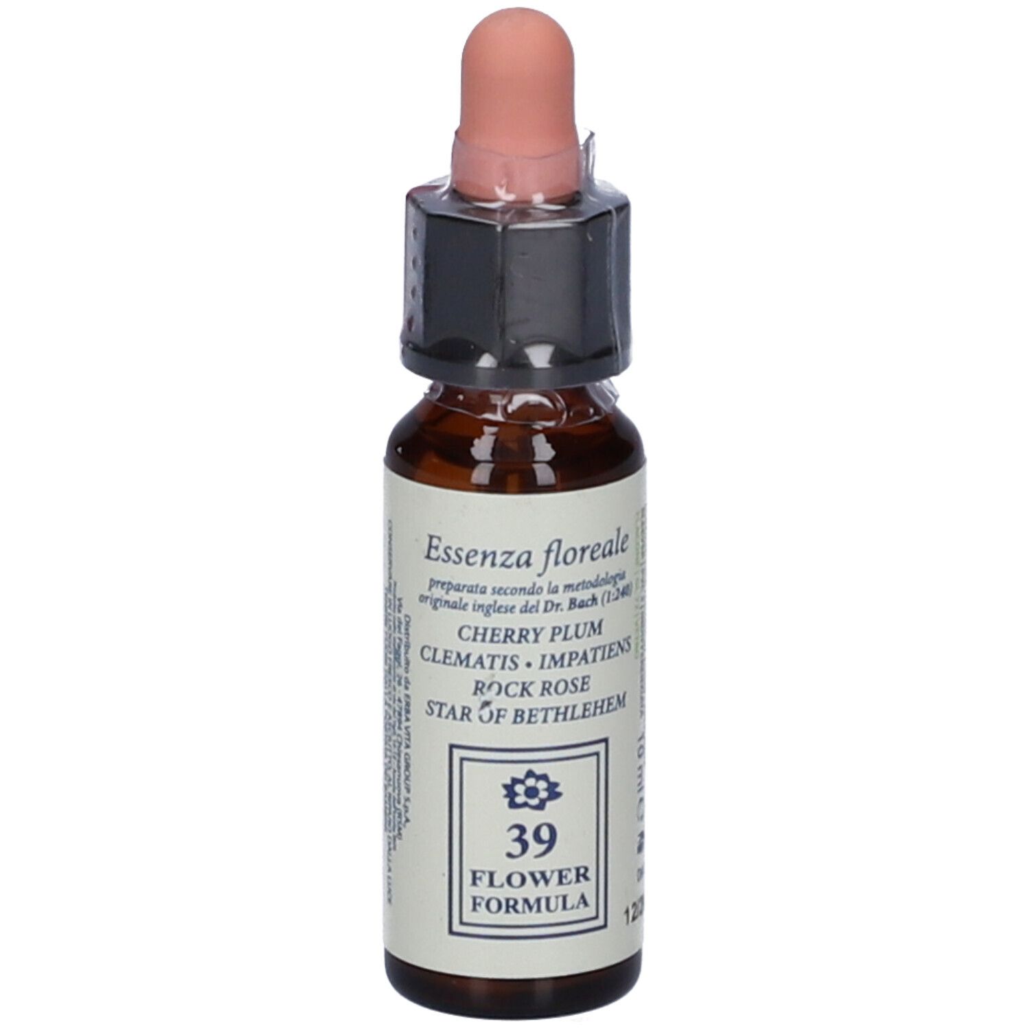 Flacone di vetro marrone con contagocce rosa. L'etichetta riporta "Essenza floreale" e "39 Flower Formula".