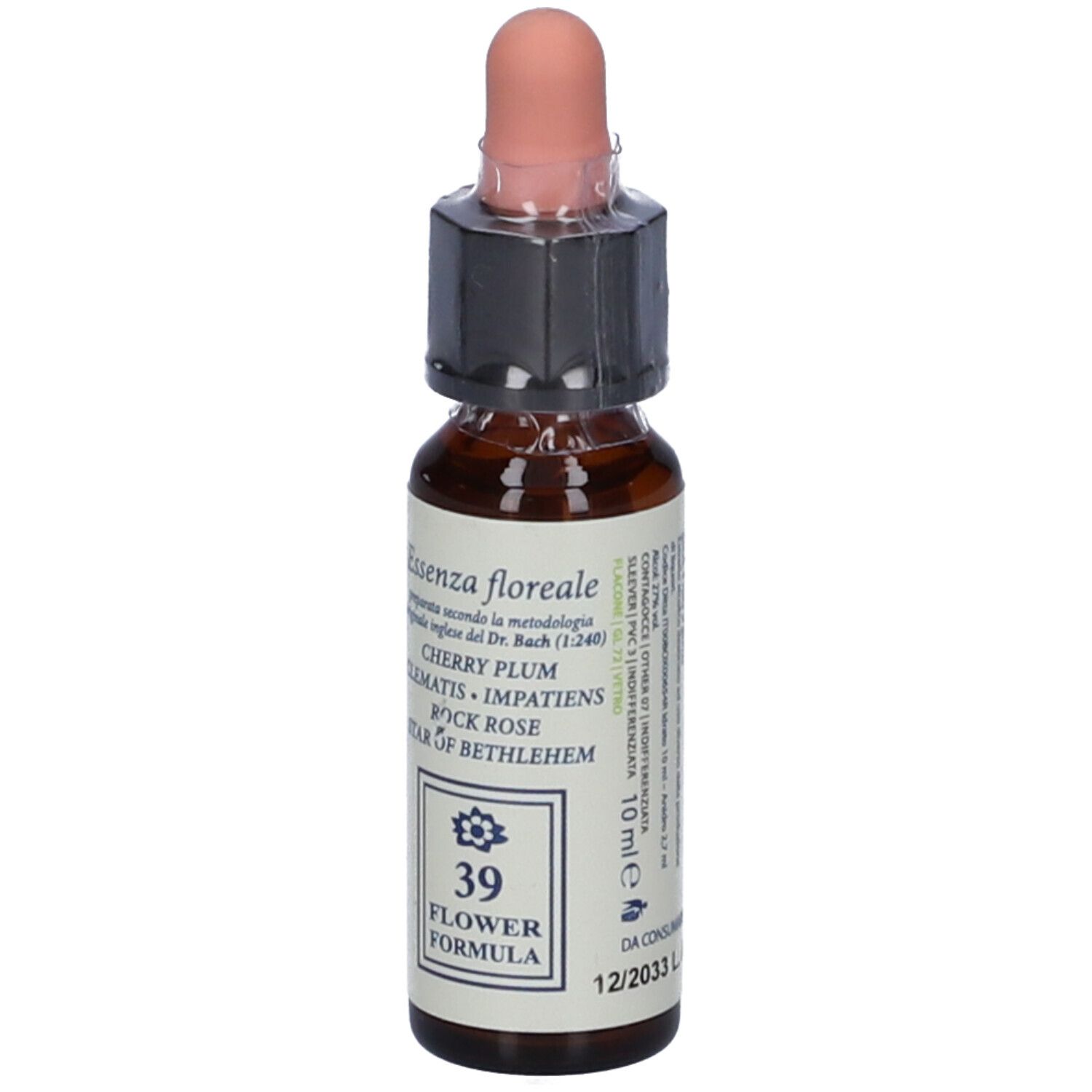 Flacone di vetro marrone con contagocce rosa. L'etichetta riporta "Essenza floreale", "39 Flower Formula" e 10 ml.