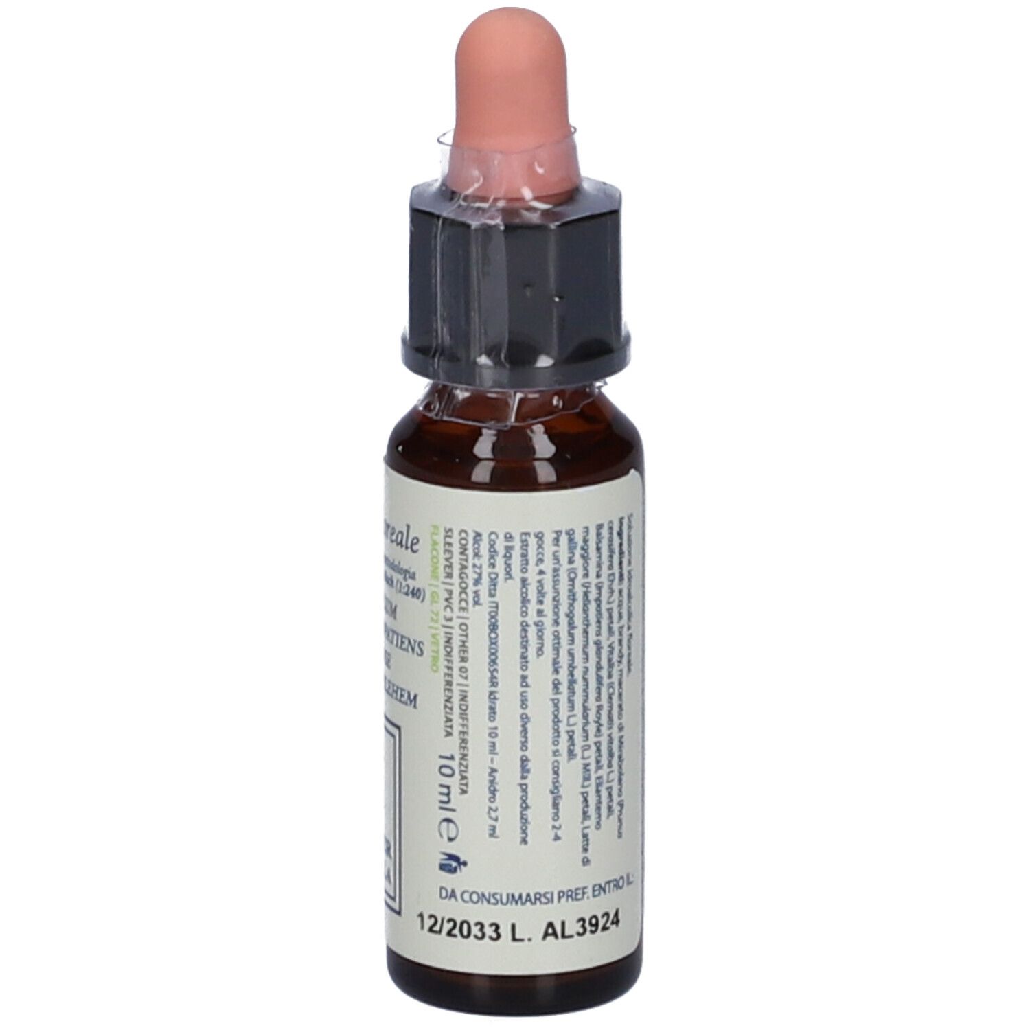 Flacone di vetro marrone con contagocce rosa. L'etichetta riporta testo, 10 ml e una data di scadenza.