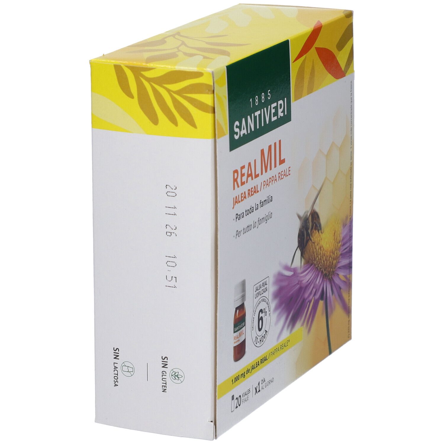 Vista obliqua della confezione Santiveri Realmil. Scritta: Realmil, Jalea Real/Pappa Reale. Contiene 20 fiale. Senza glutine.