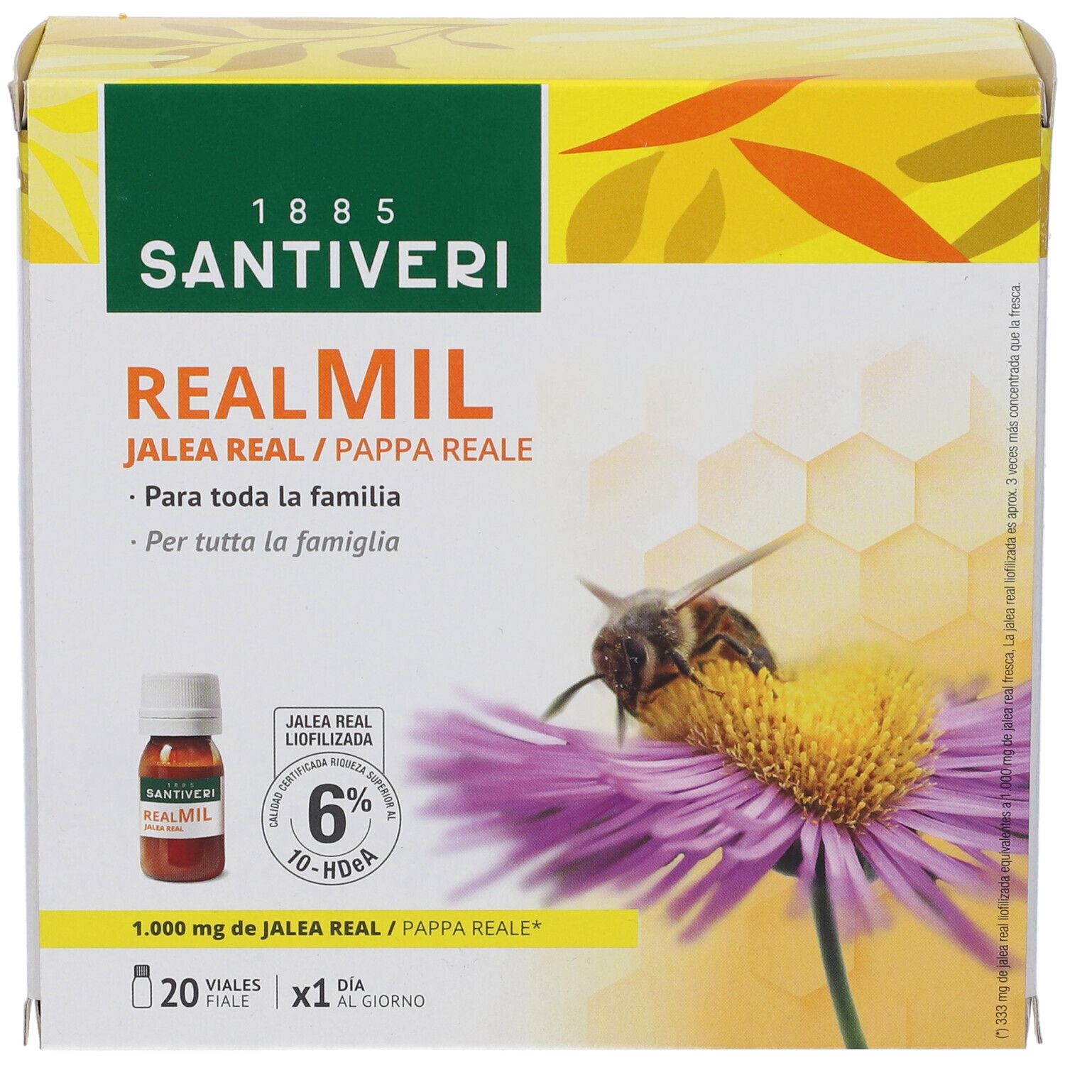 Confezione Santiveri Realmil. Scritta: Realmil, Jalea Real/Pappa Reale, 1.000 mg Jalea Real. Contiene 20 fiale.