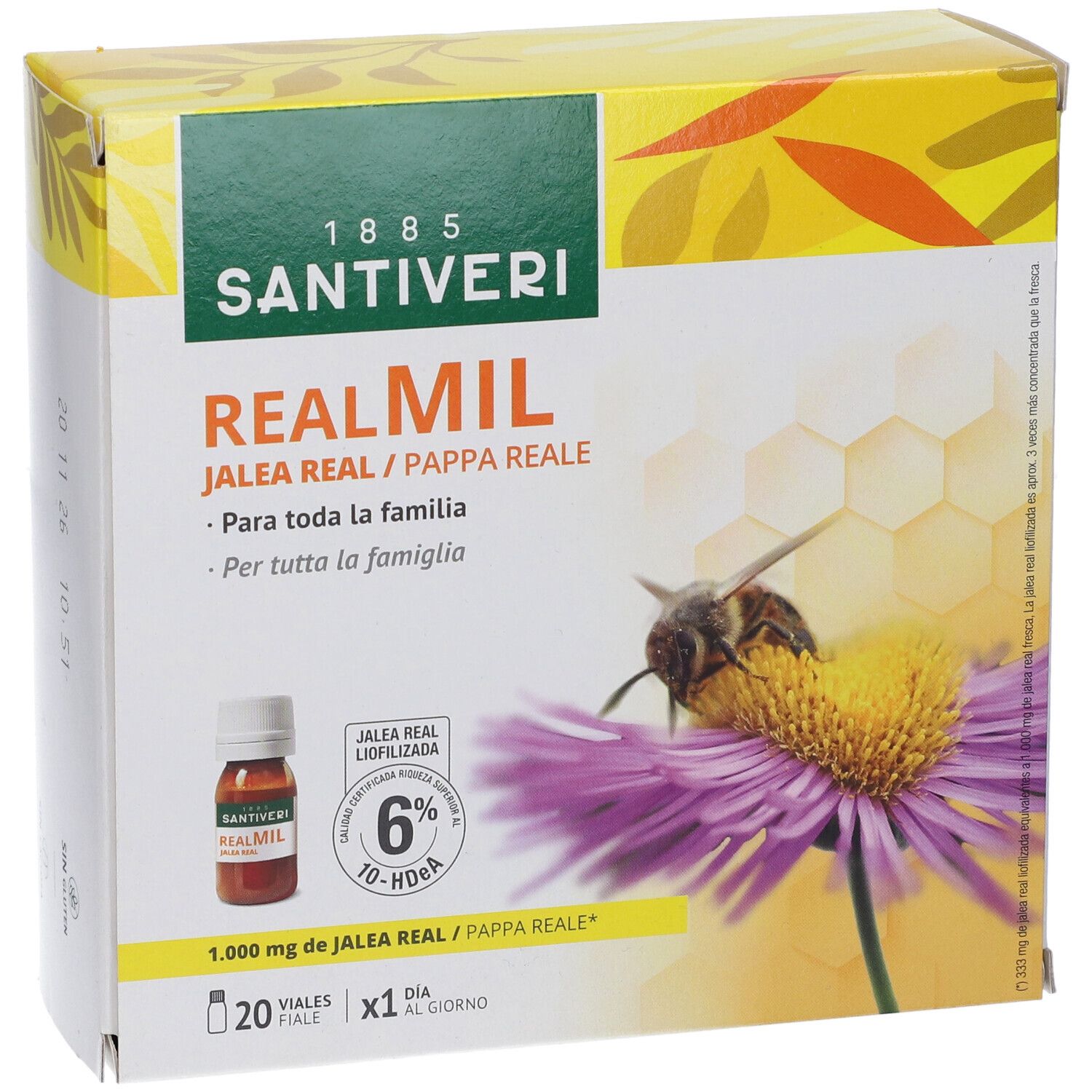 Confezione Santiveri Realmil. Scritta: Realmil, Jalea Real/Pappa Reale, 1.000 mg Jalea Real. Contiene 20 fiale.