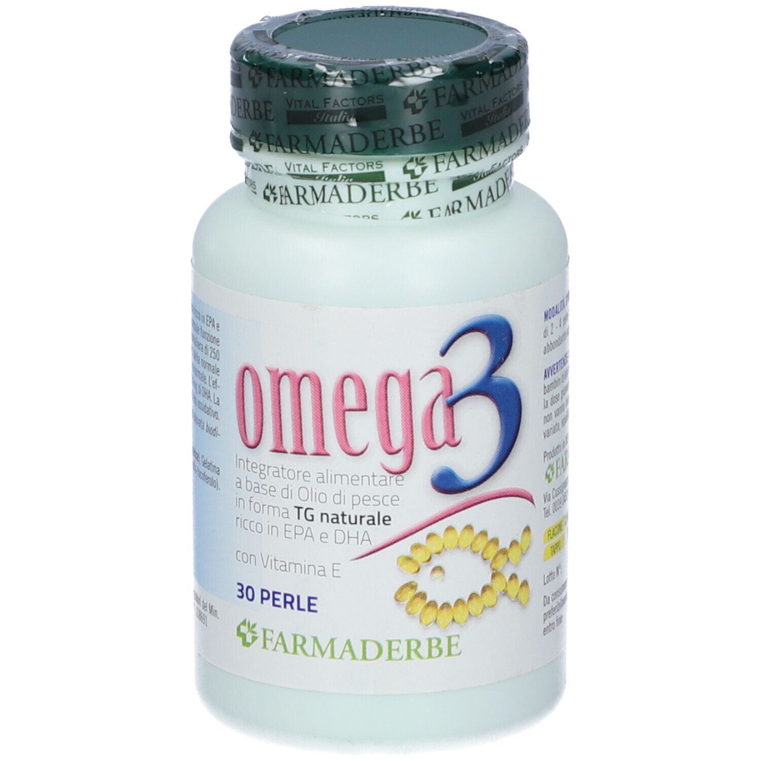 Flacone bianco di Omega3 con tappo nero. Scritta: Omega3, 30 perle. Marchio: Farmaderbe.