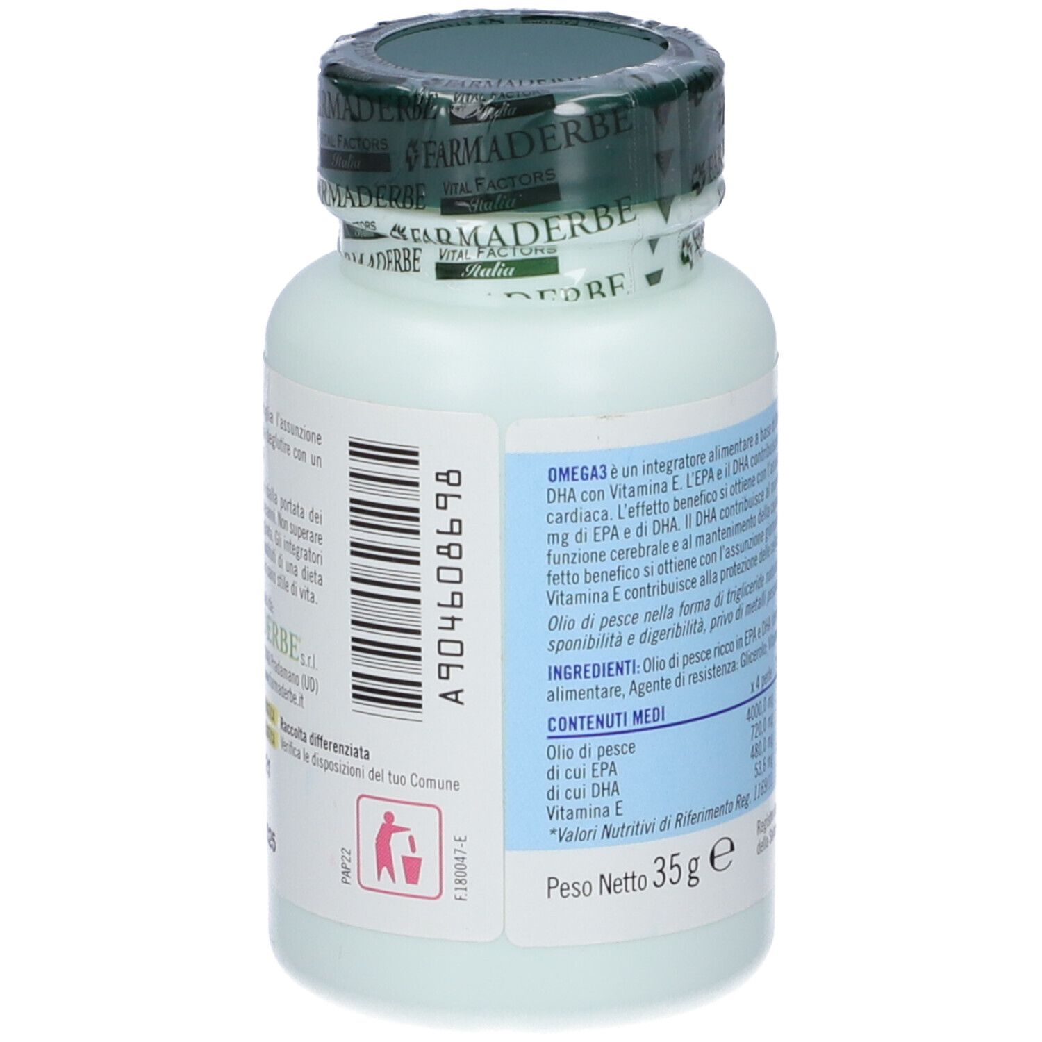 Flacone bianco di Omega3. Scritta: Omega3, 30 perle. Retro con elenco ingredienti e informazioni nutrizionali.