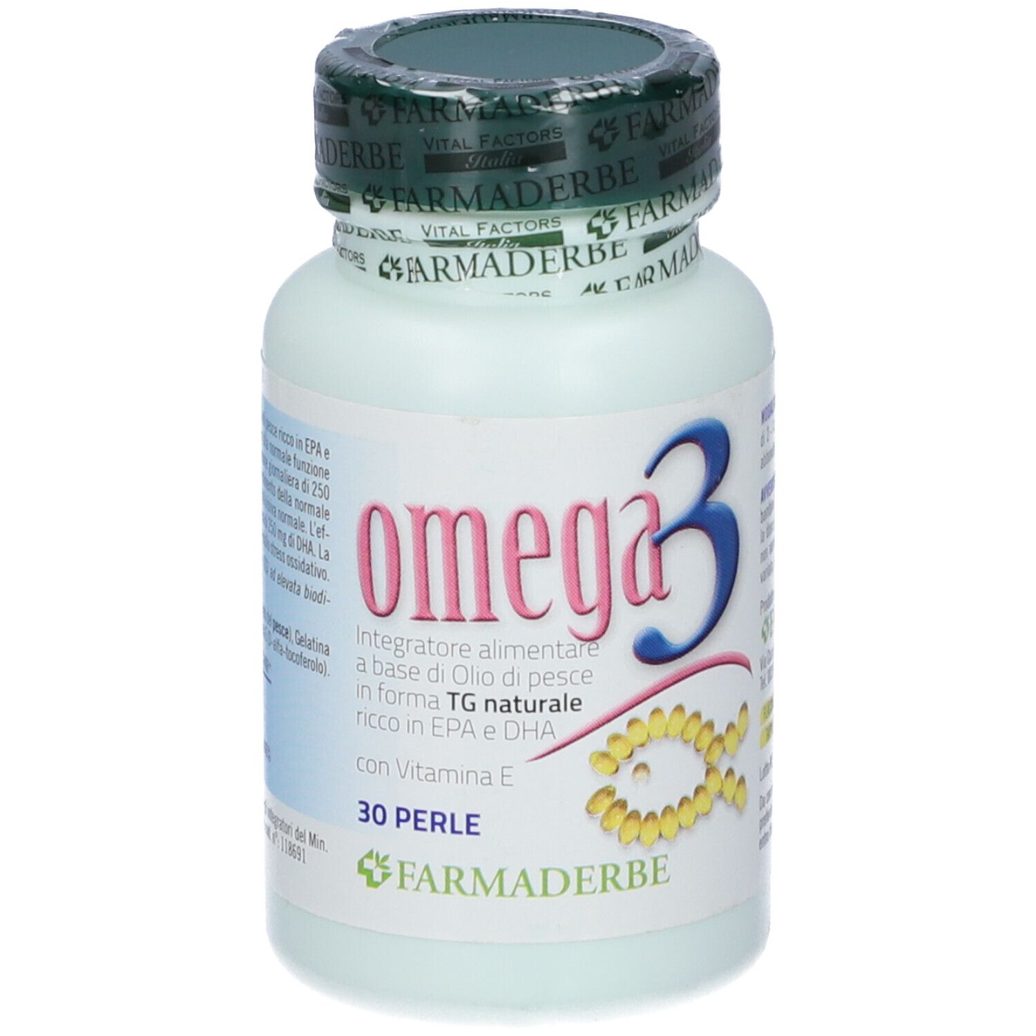 Flacone bianco di Omega3. Scritta: Omega3, 30 perle. Marchio: Farmaderbe. Retro con elenco ingredienti.