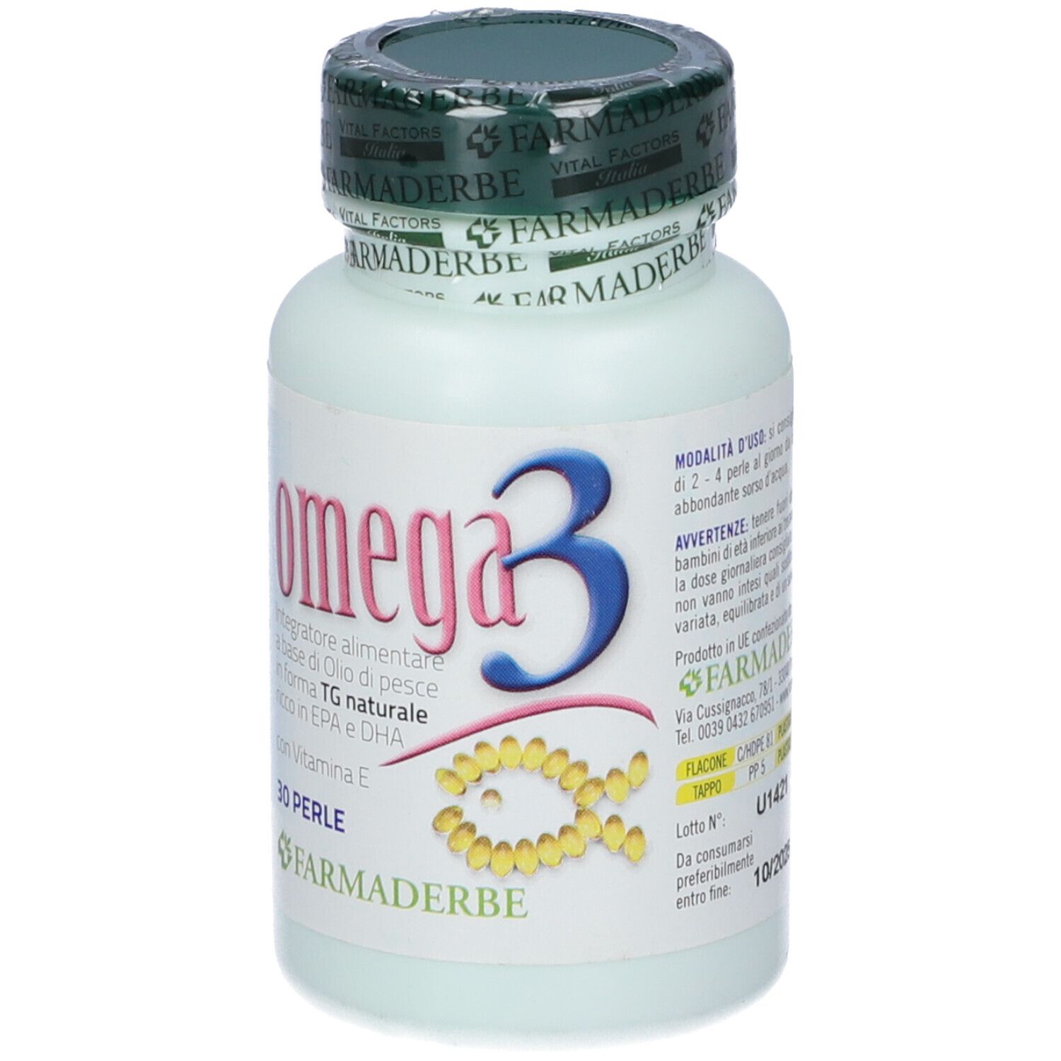 Flacone bianco di Omega3. Scritta: Omega3, 30 perle. Marchio: Farmaderbe. Dettaglio delle informazioni sul prodotto.