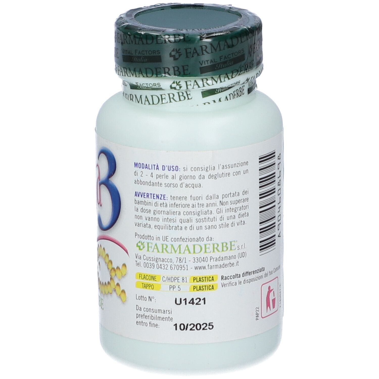 Flacone bianco di Omega3. Scritta: Omega3, 30 perle. Marchio: Farmaderbe. Scadenza: 10/2025.
