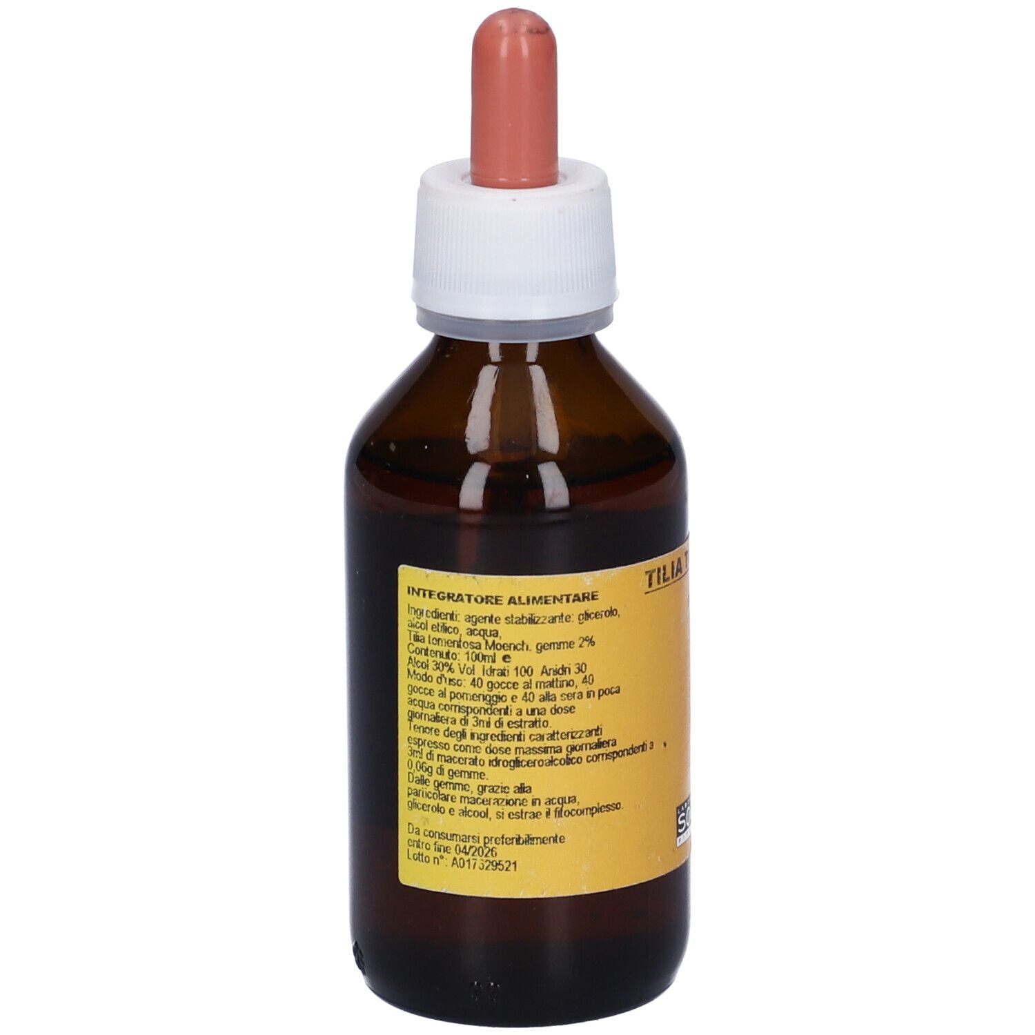 Flacone di vetro marrone con contagocce. Etichetta gialla con testo. Scritta: Integratore Alimentare.