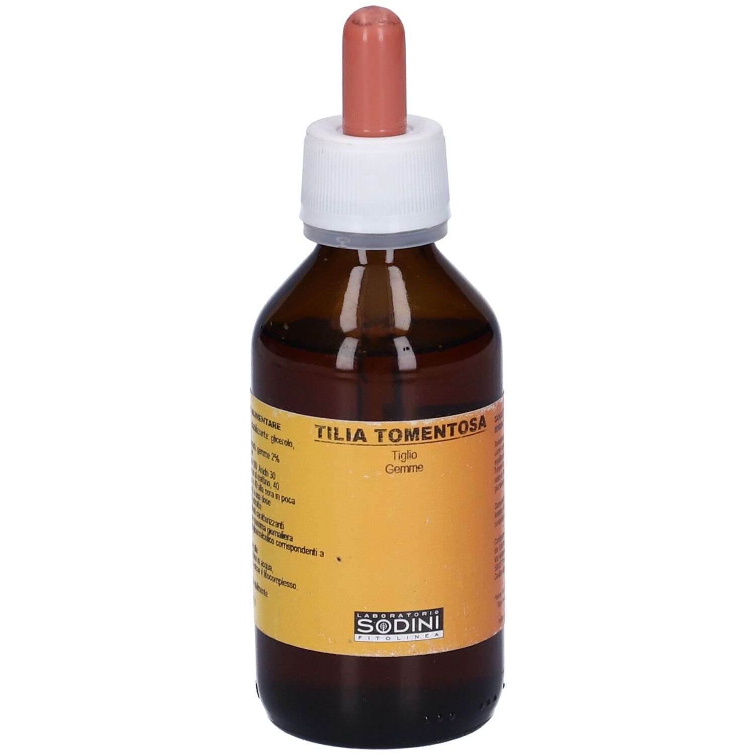 Flacone di vetro marrone con contagocce. Etichetta gialla con testo. Scritta: Tilia Tomentosa.